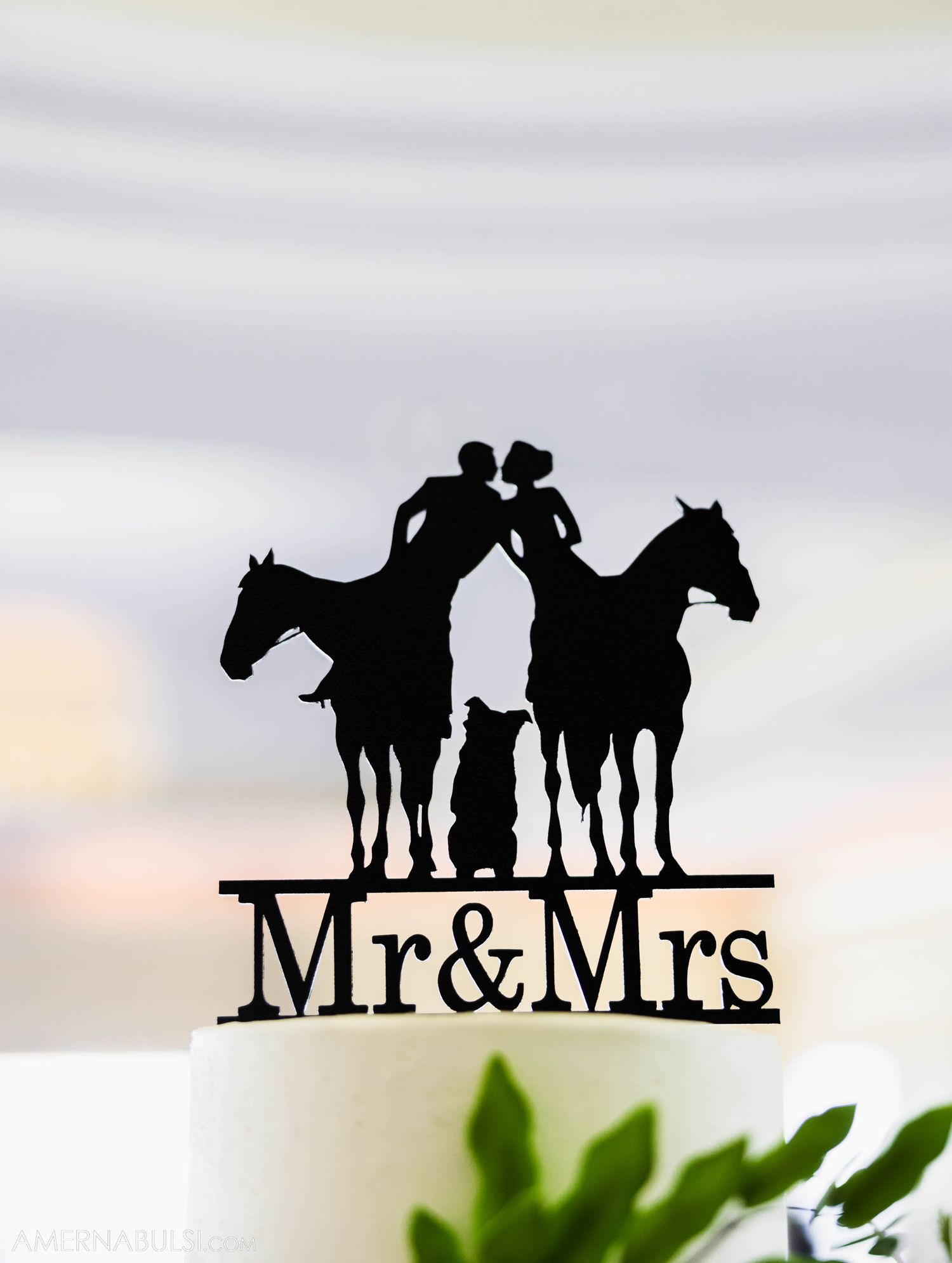 Silhouette cake topper featuring a couple on horseback with text reading Mr & Mrs.