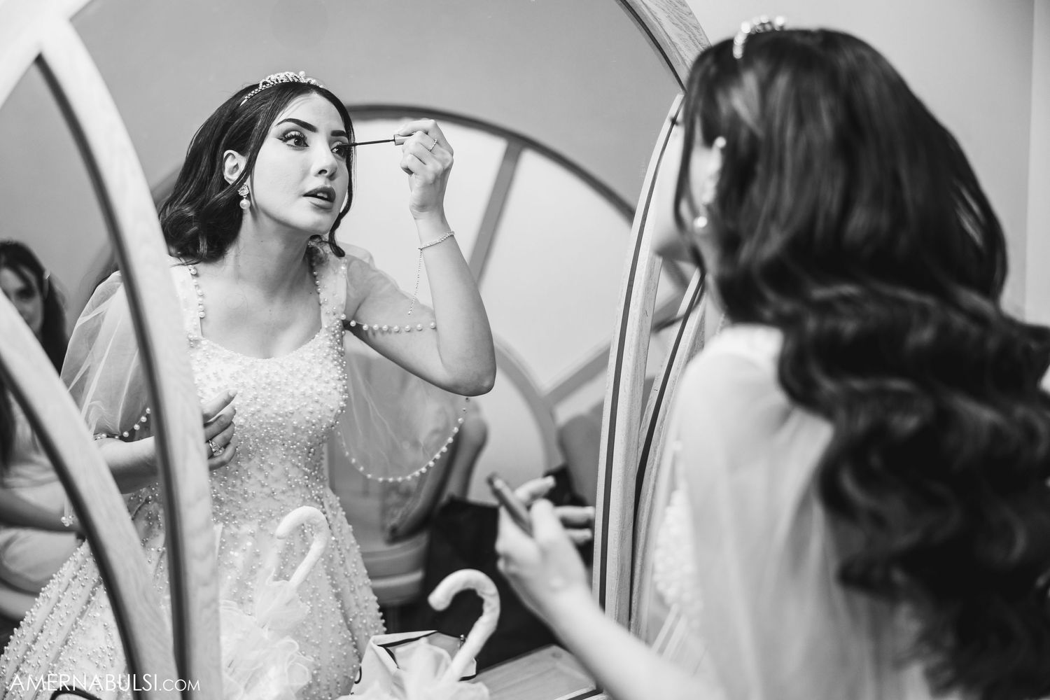 Black and white photos of wedding preparations with elegant bridal styling.