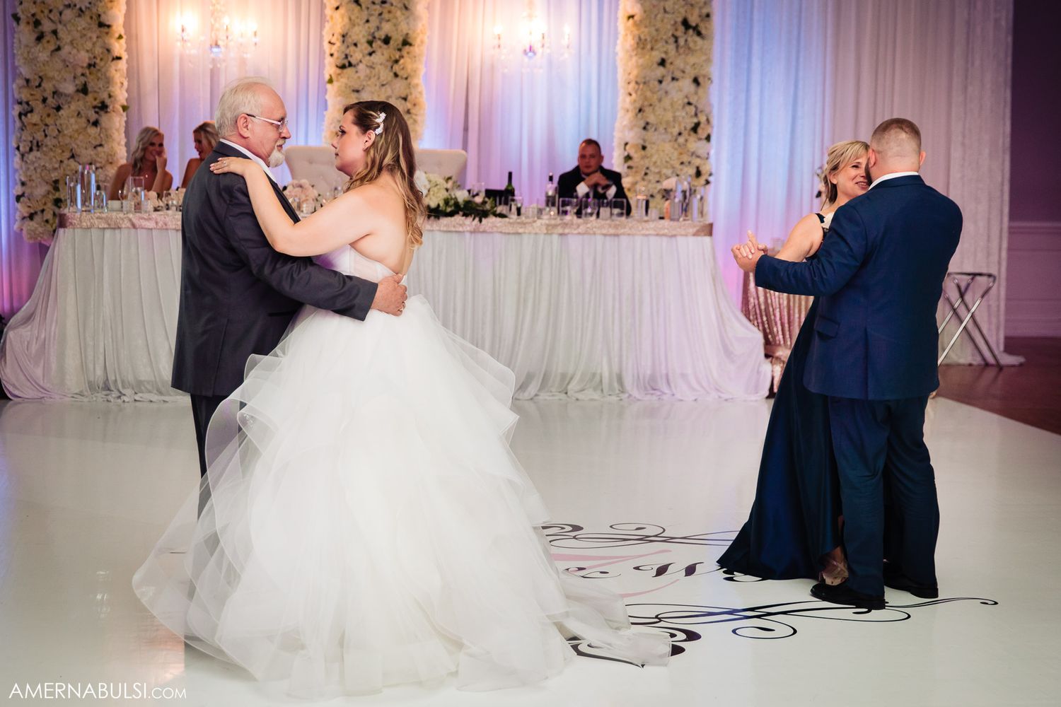 A sequence of romantic first dance moments between a couple at their wedding reception.