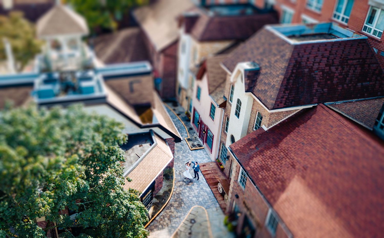 Aerial view of historic brick buildings and rooftops in an urban setting.