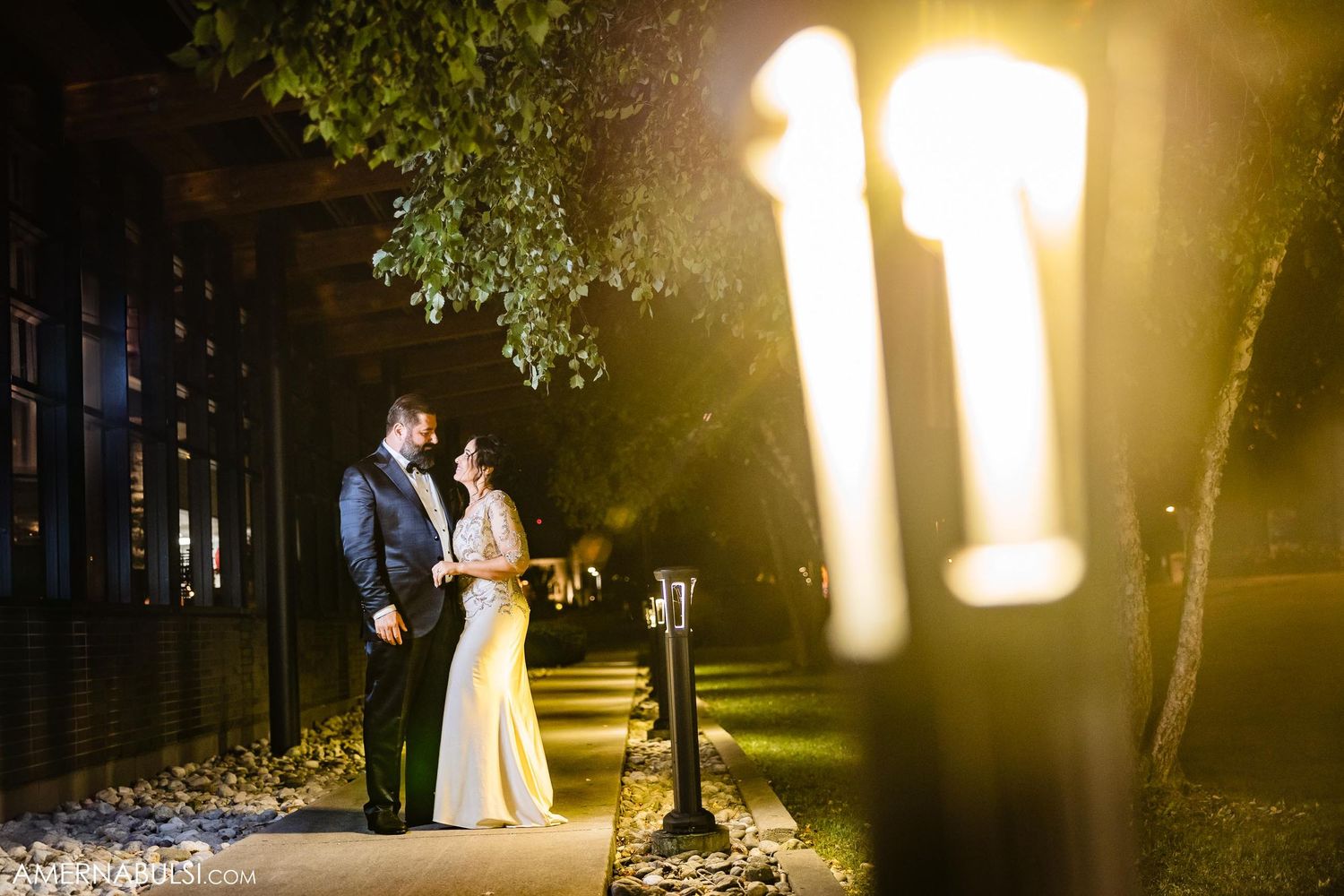 Artistic wedding portrait with couple silhouetted against warm lighting outdoors.