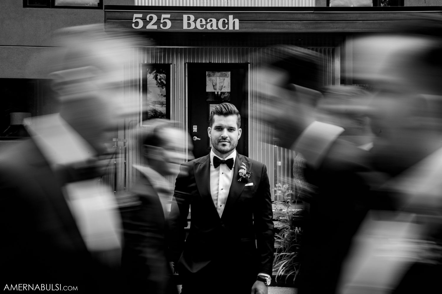 Artistic black and white wedding photography series with motion blur effects.