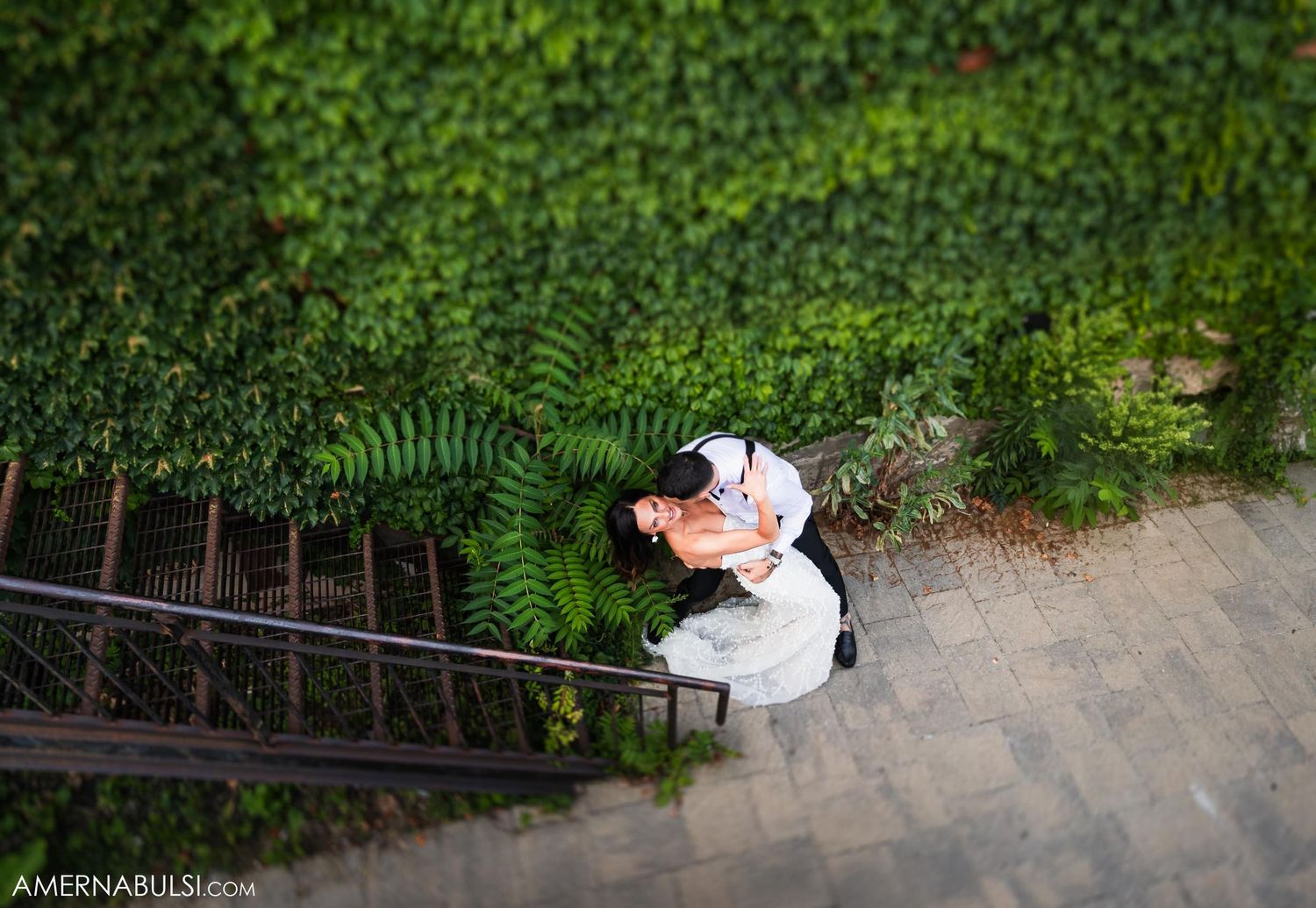Aerial view of couple embracing on brick steps surrounded by lush green ivy.