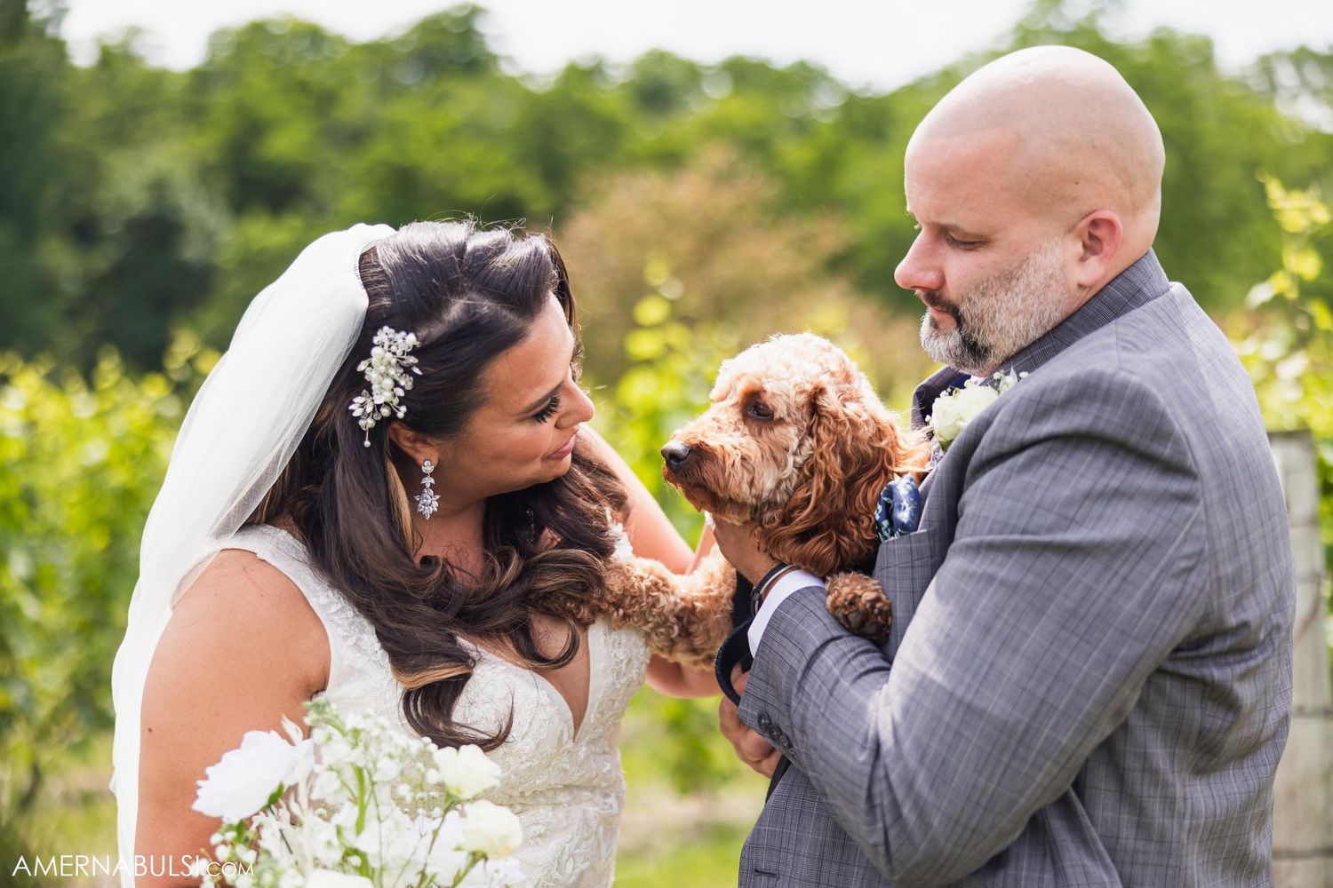 A joyful moment with a goldendoodle dog at a vineyard wedding ceremony.