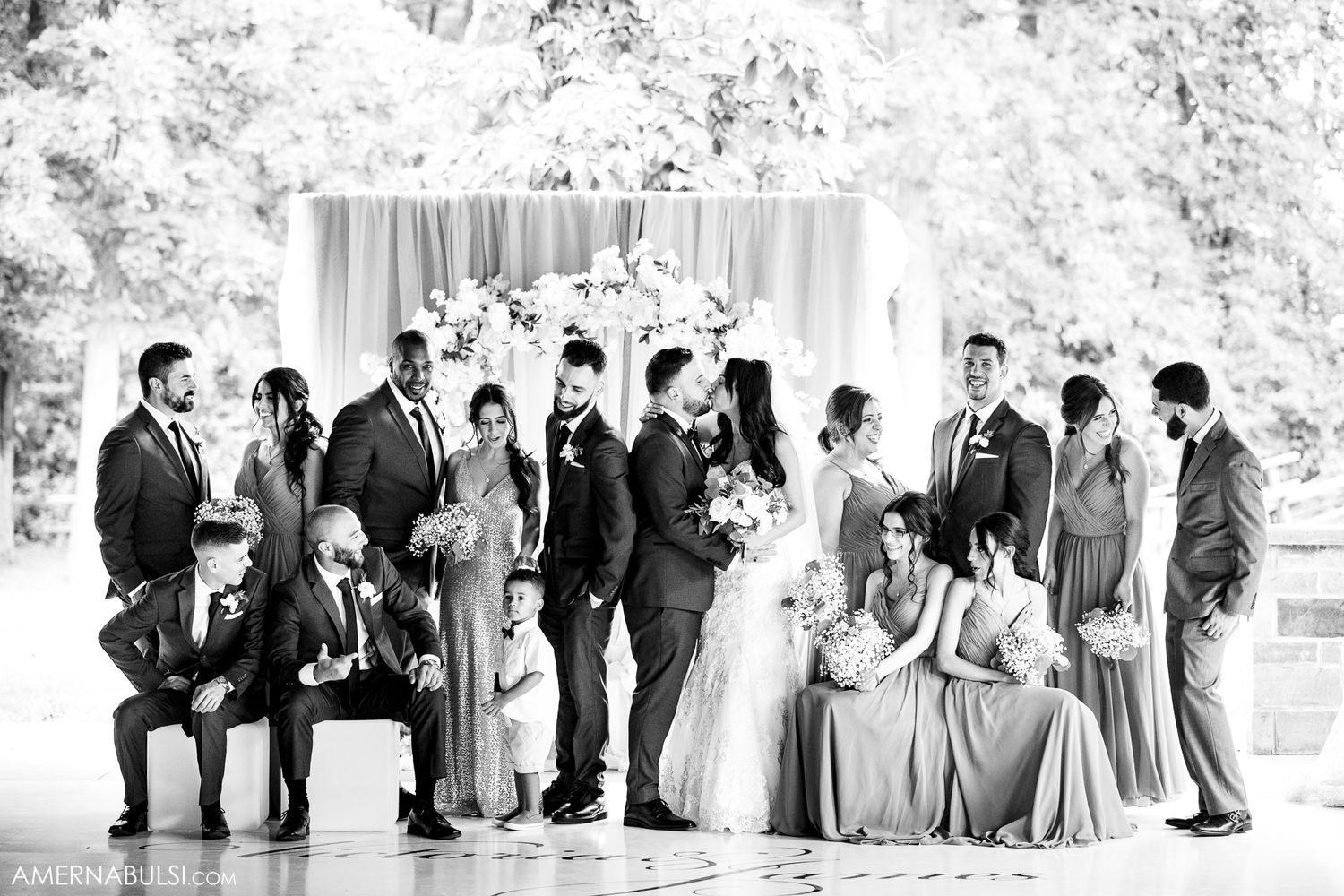 Black and white photo series of wedding party members lined up outdoors.