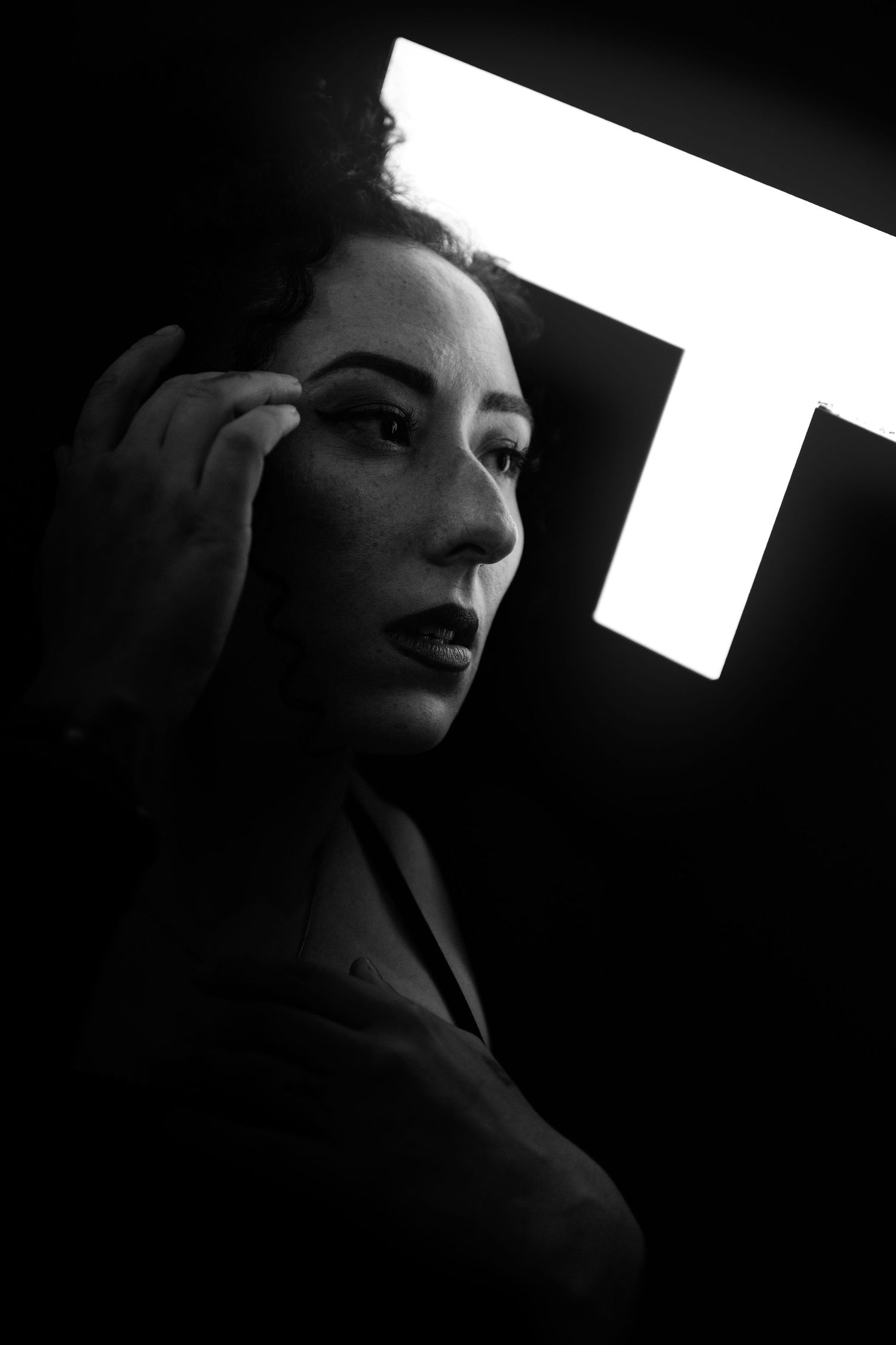 Dramatic black and white portraits with stark lighting creating bold shadows and contrast.