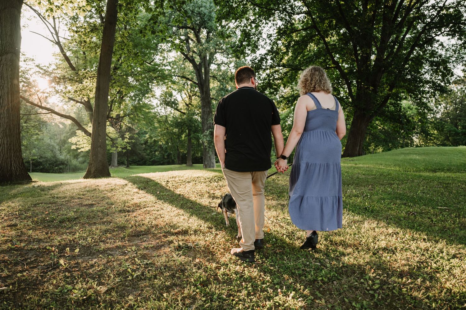 A romantic couple's silhouette against a sunset-lit park with tall trees.