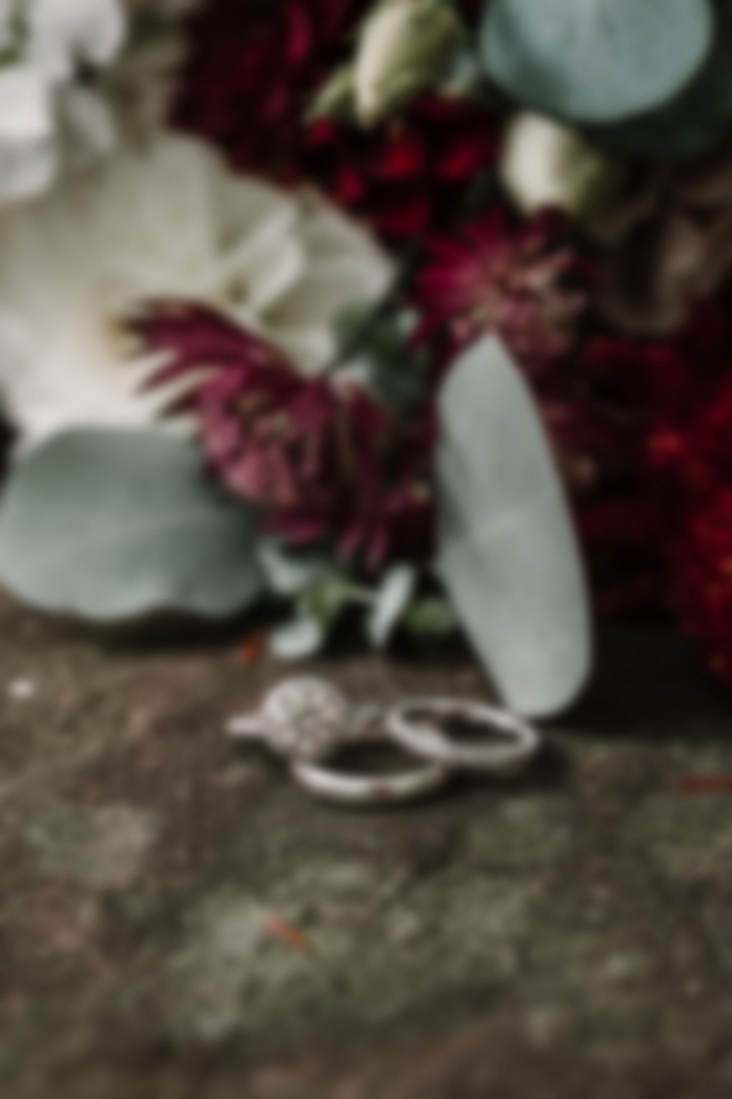 Wedding rings rest elegantly against a backdrop of deep burgundy flowers and eucalyptus leaves.