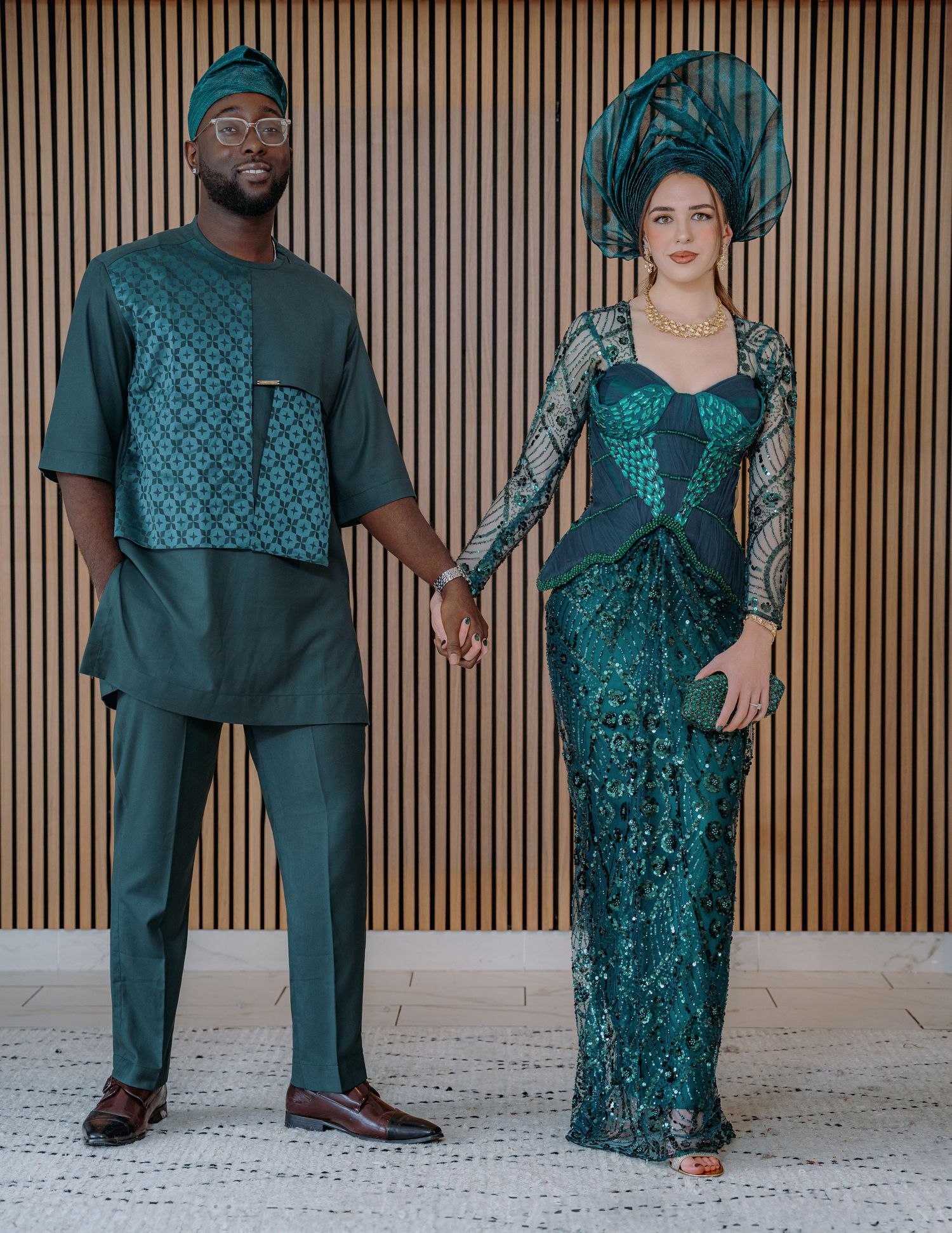A collage of people wearing coordinated teal and black formal outfits with sequined details against a wooden slat wall.