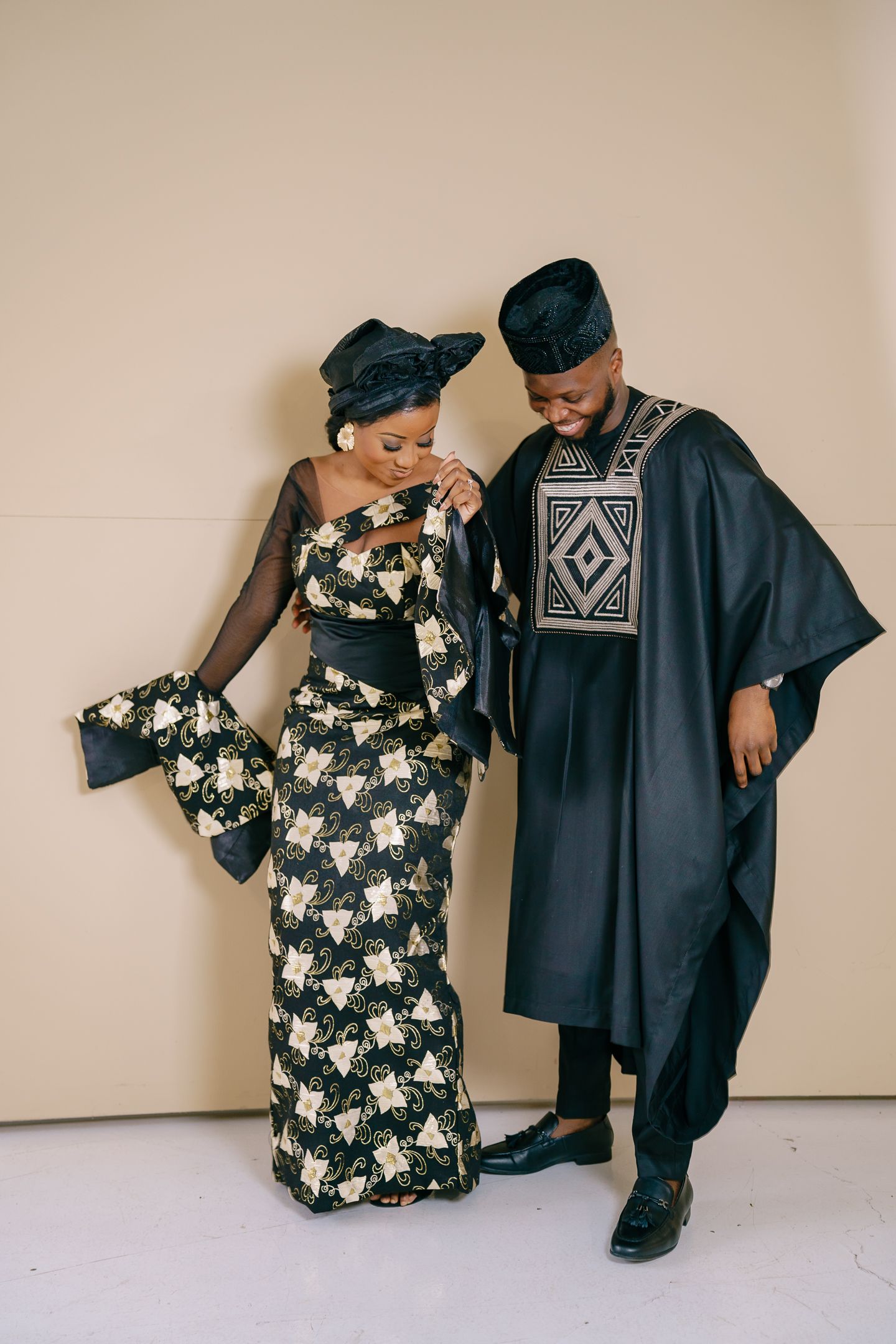 A series of fashion photos showing a couple in contrasting outfits of floral print and dark traditional garments.