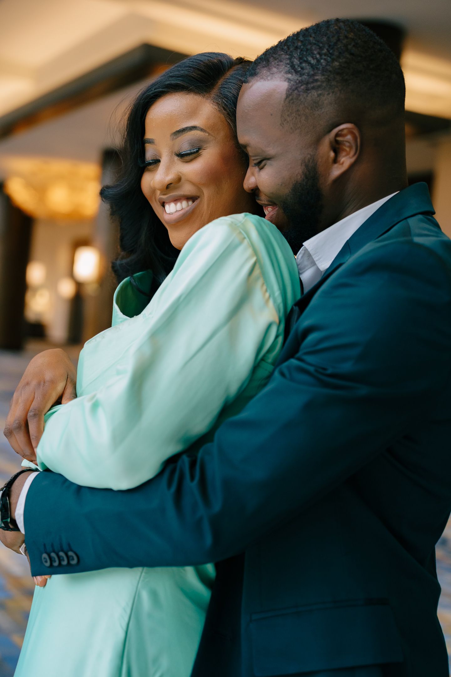 A sequence of intimate embrace photos showing affectionate moments between a couple in formal attire.