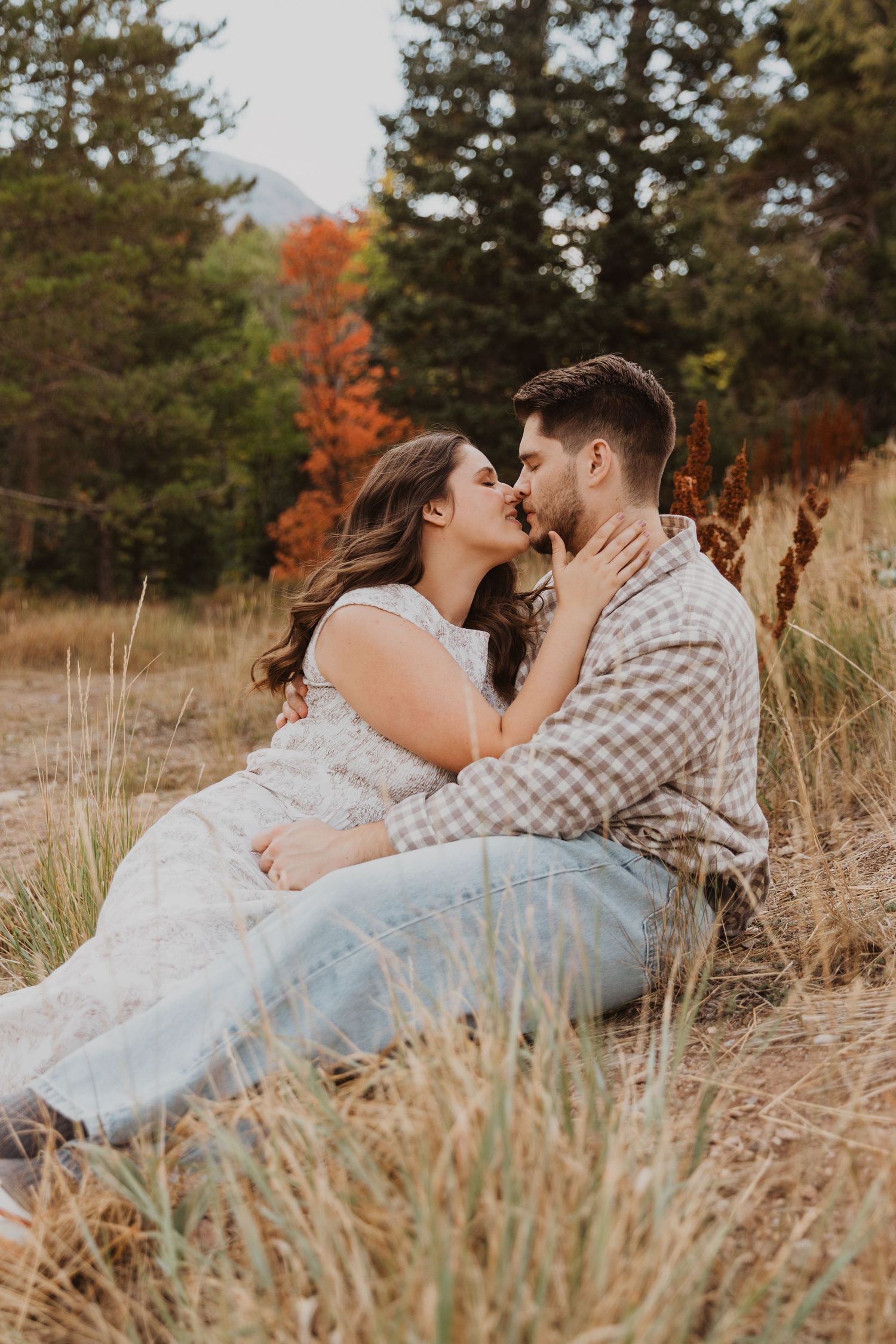 Intimate couple photos in autumn field with golden light and pine trees Tibble Fork Utah County