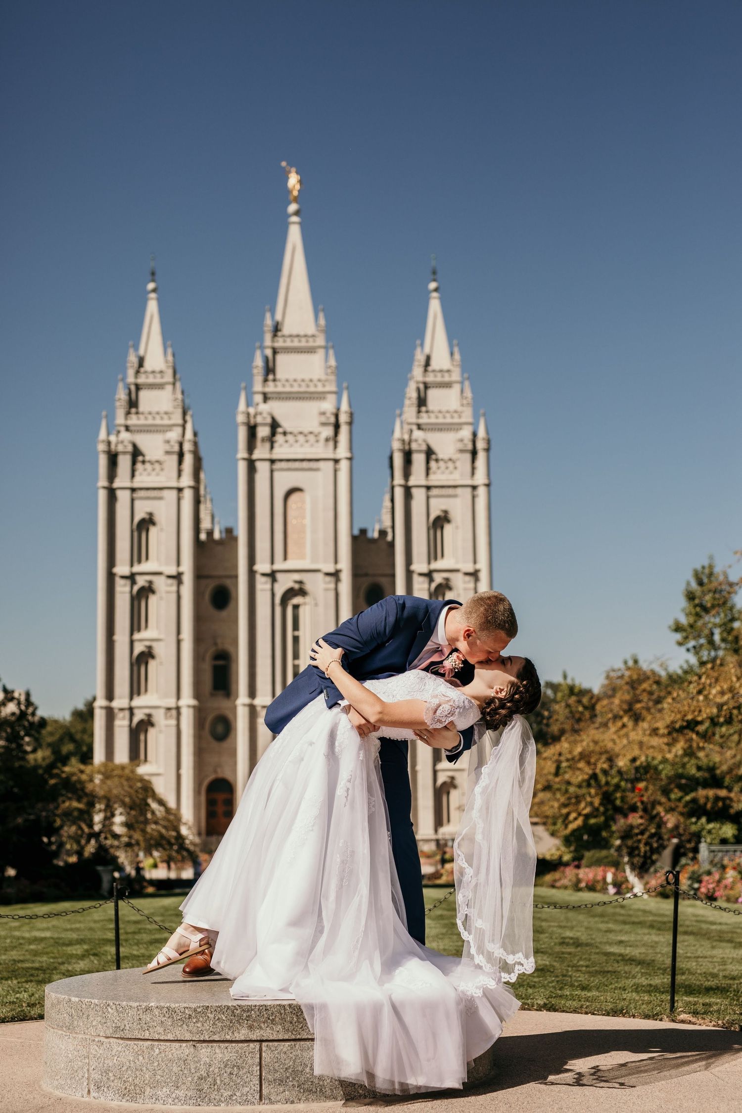 Utah wedding images capturing meaningful moments with cinematic depth at the SLC Temple, LDS Wedding photos
