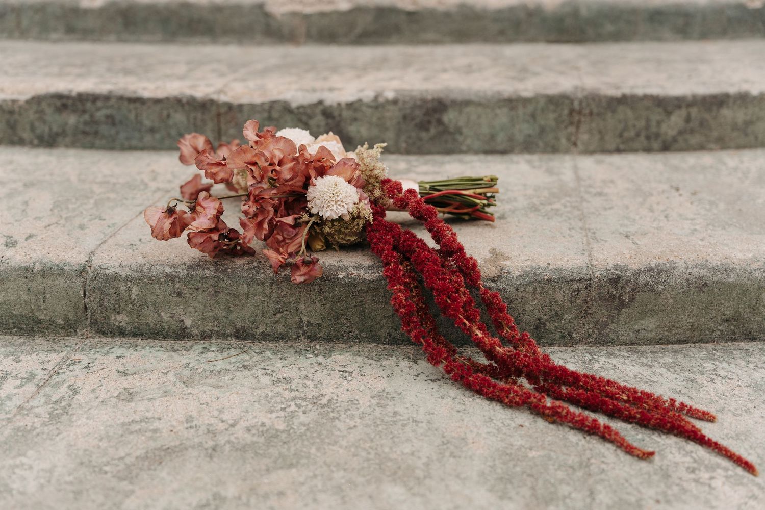 A romantic wedding bouquet with dried pink flowers and long red amaranth tassels lies on concrete steps.
