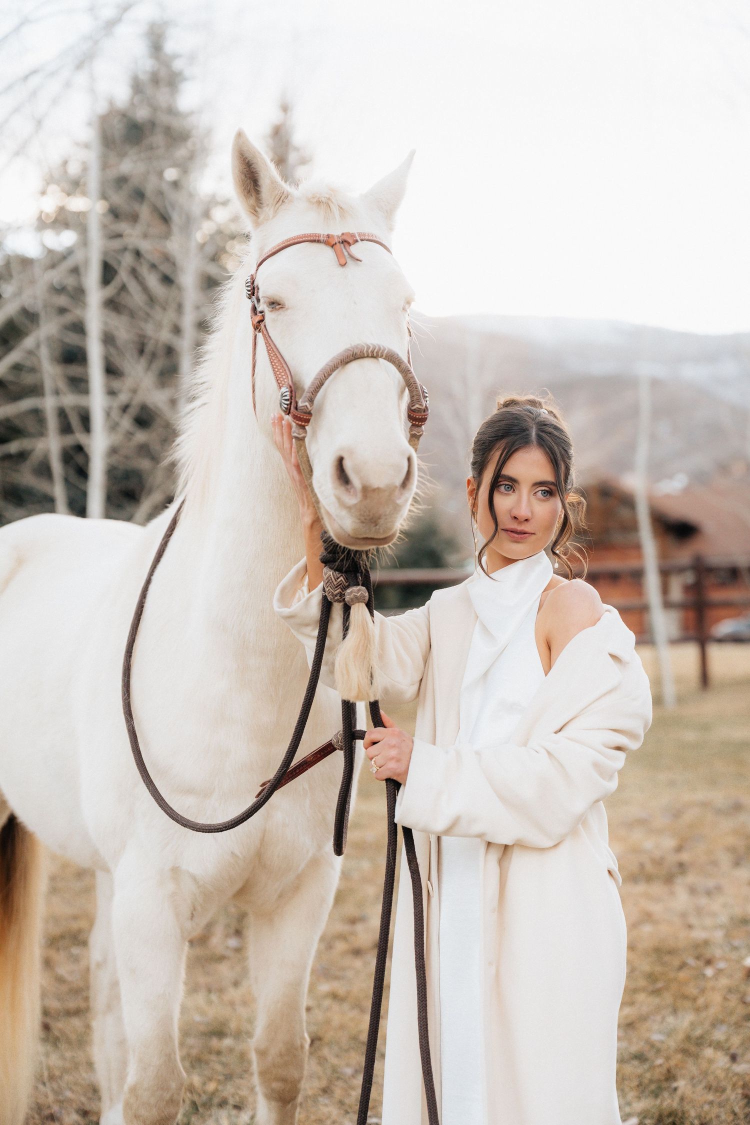 Elegant winter bridal portraits in Utah with a majestic white horse in a pastoral setting.
