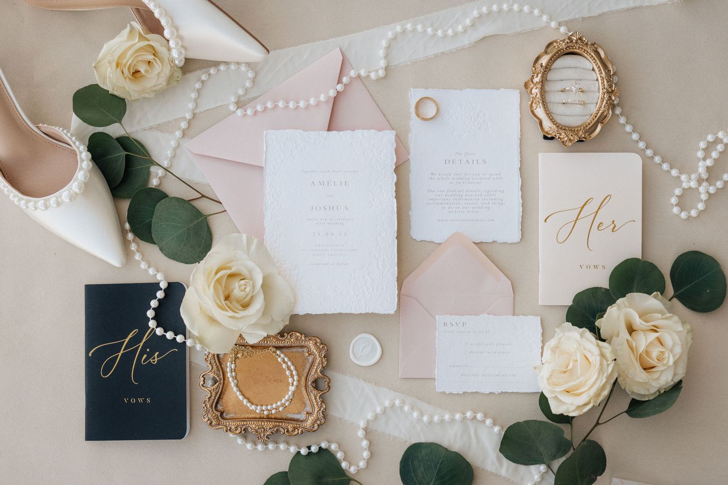 Utah Elegant wedding stationery with white roses, pearls and gold wax seals on blush pink.