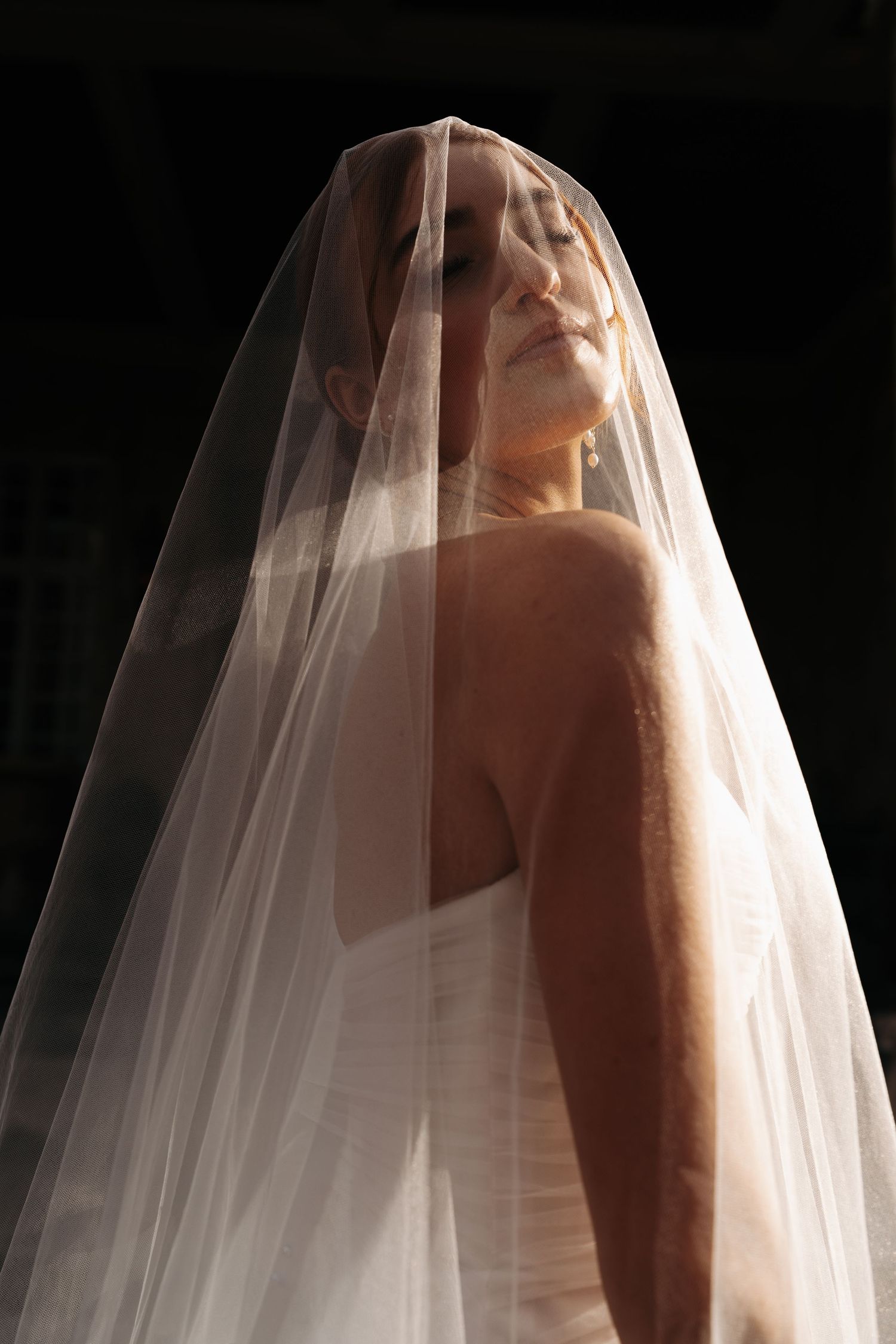 Artistic bridal portrait series showing delicate veil details in dramatic lighting.