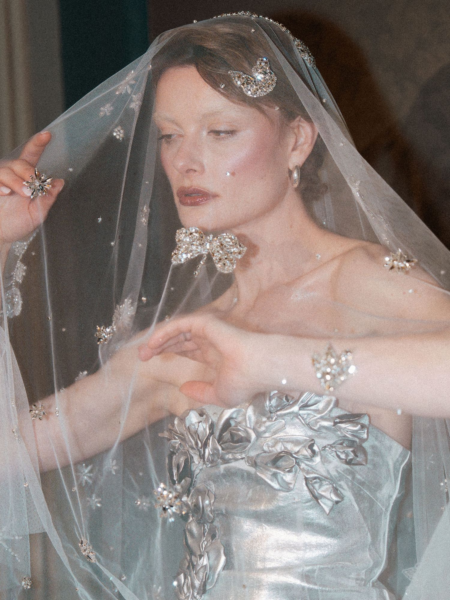 Ethereal bridal portrait with sparkly veil and silver dress details.