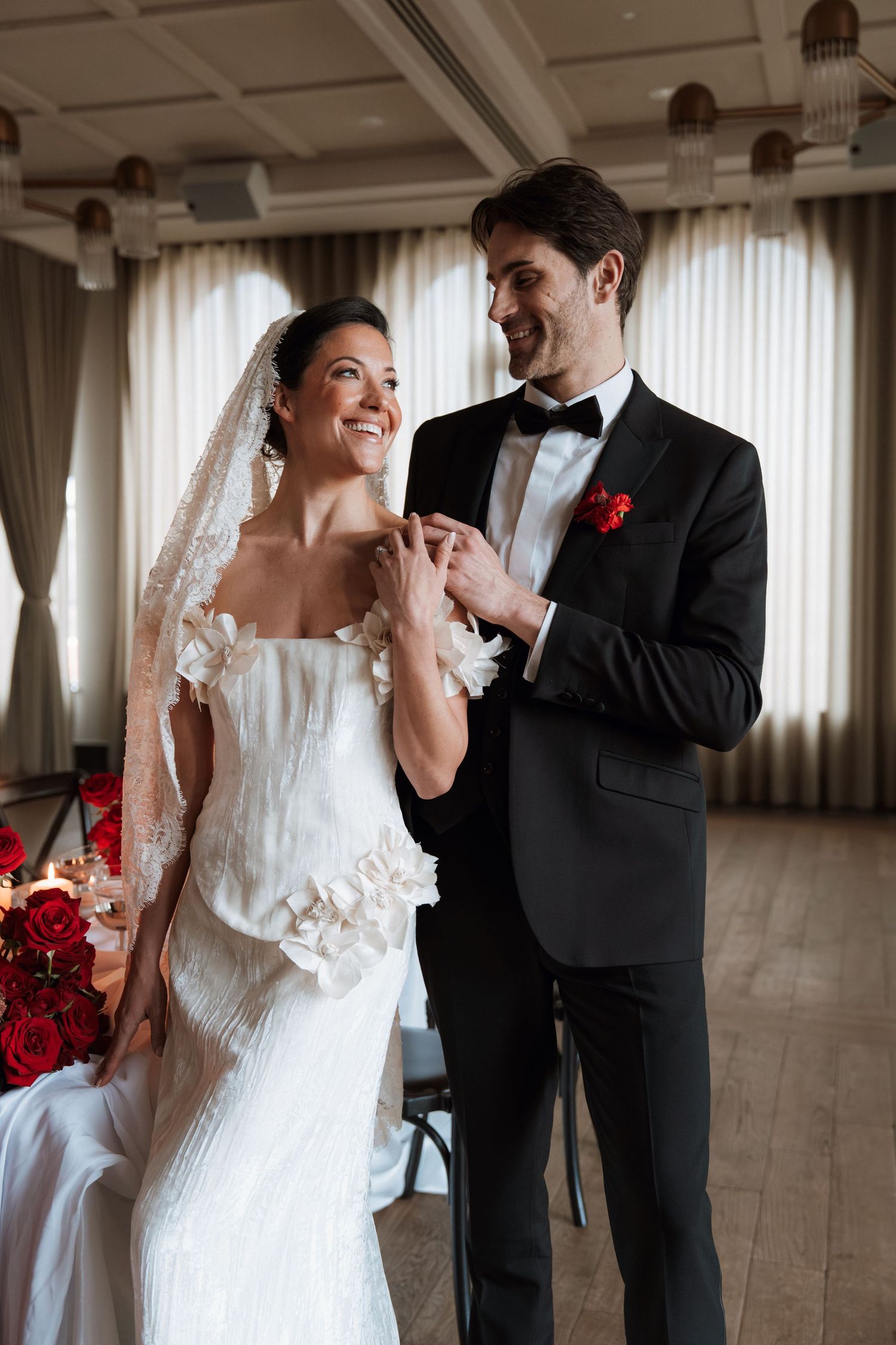 A romantic wedding moment captured in sequence showing the bride and groom sharing tender moments in an elegant indoor venue.