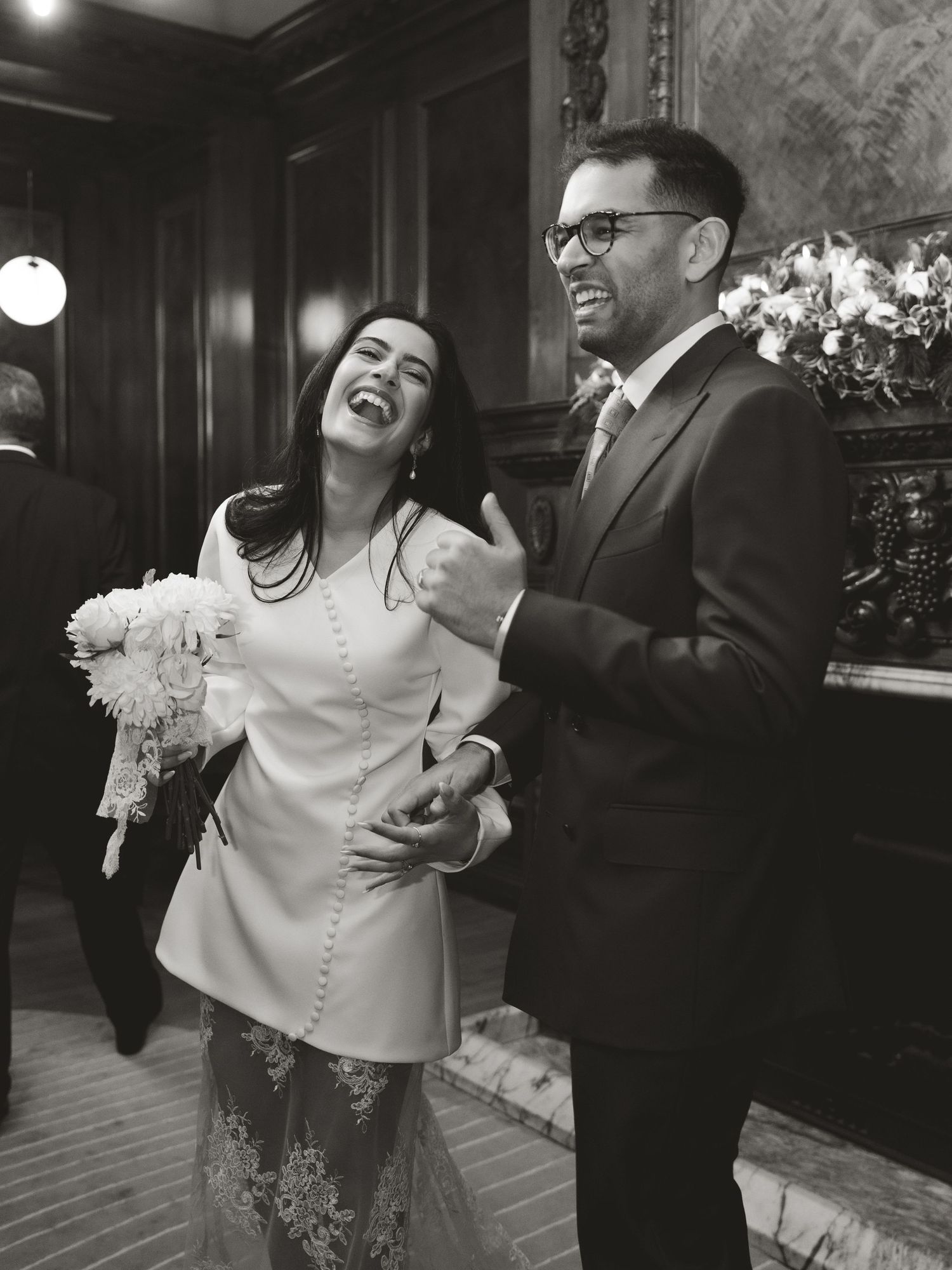 Joyful sequence of candid moments at an indoor wedding celebration.