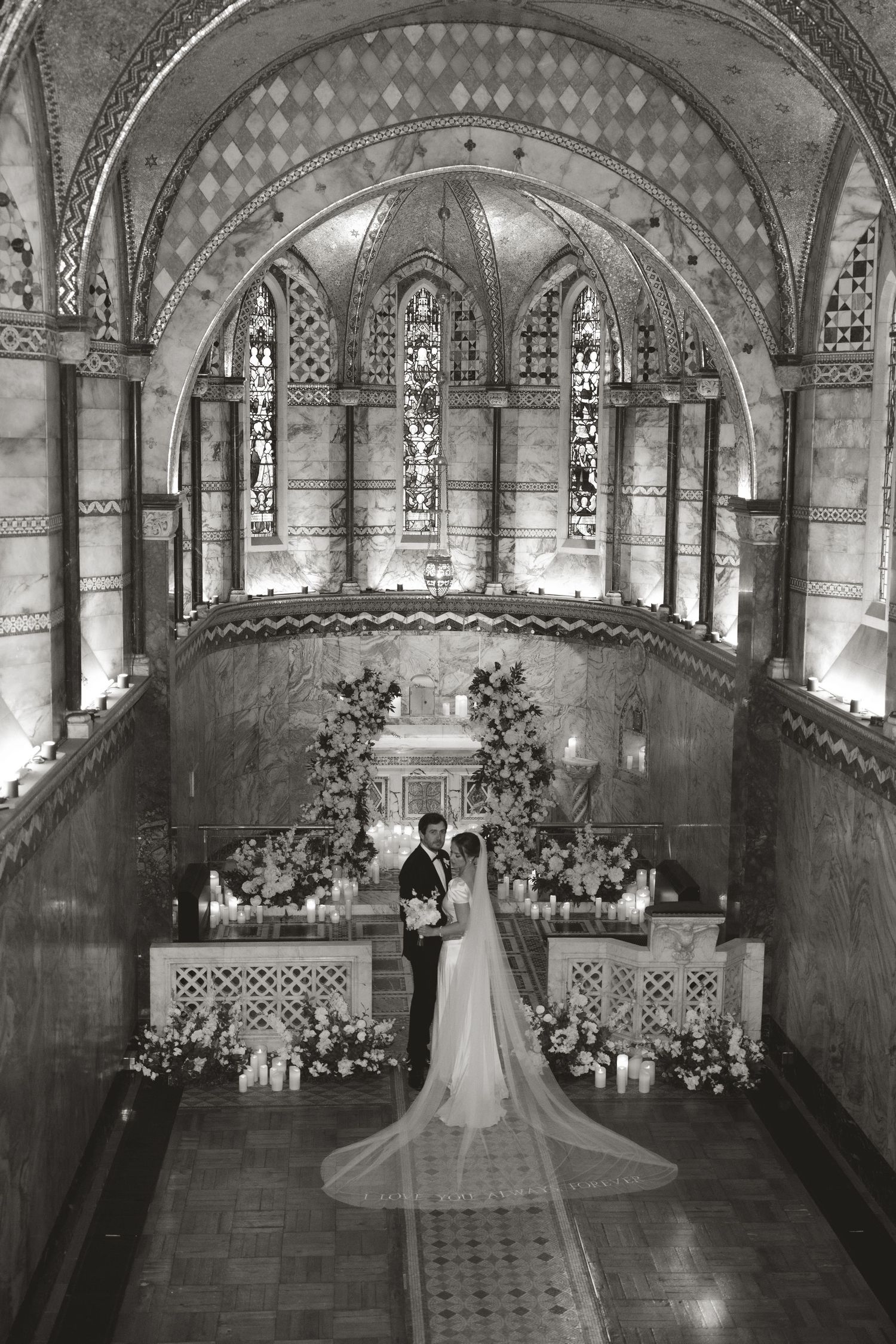 Panoramic views of a grand church wedding ceremony with gothic architecture and stained glass windows.