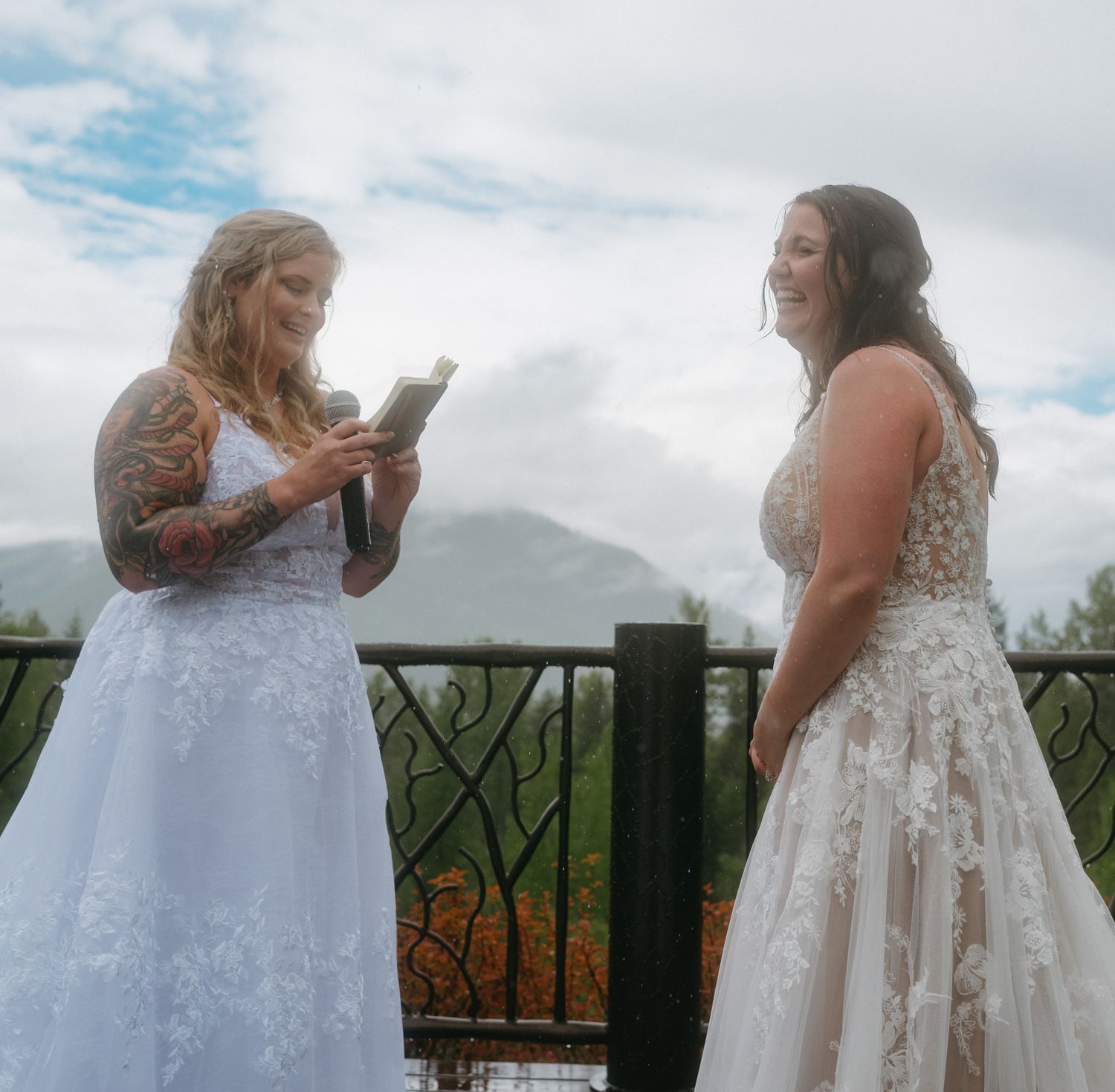 Emotional moment as two brides say their vows during a wedding ceremony in Glacier National Park.