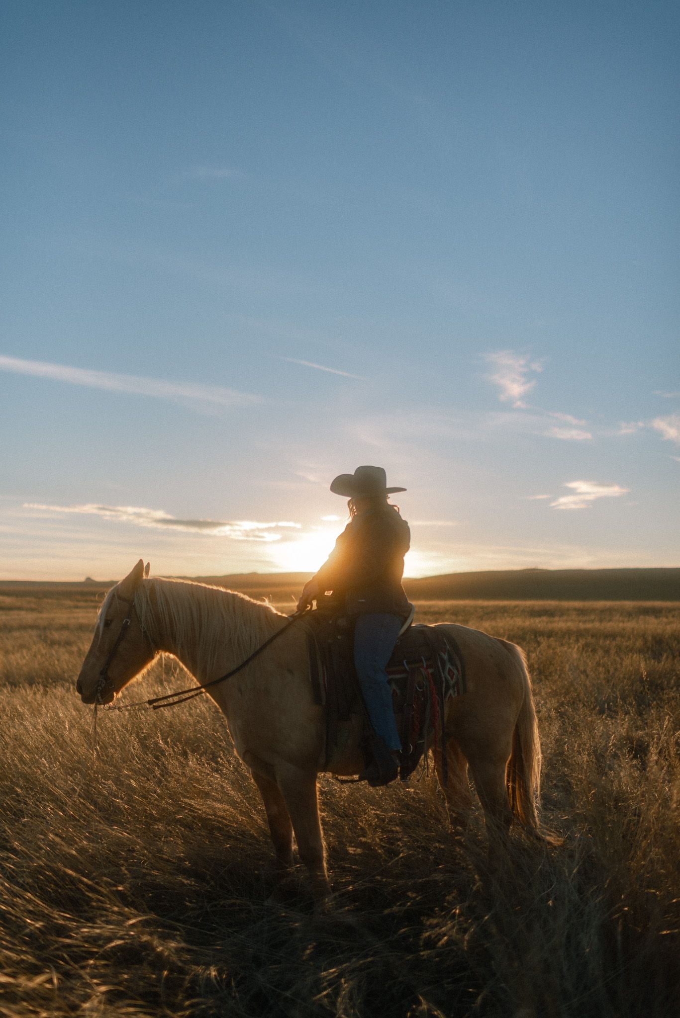 Intimate portrait of a client with her horse roaming freely in open fields near Great Falls, Montana.