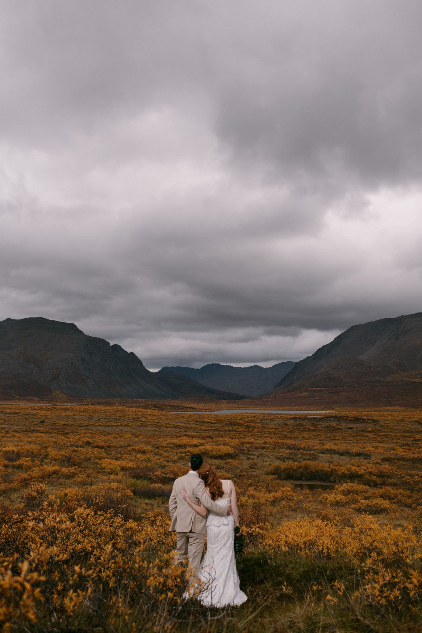 Wedding couple gazing at the stunning autumn mountains and tundra in Denali National Park, Alaska.