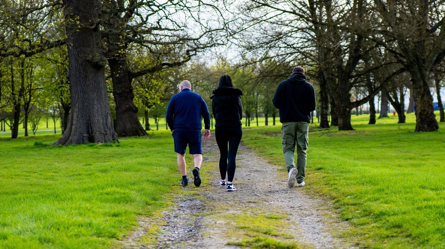 Three people walking on a dirt path through a lush green park lined with tall trees on a cloudy day.
