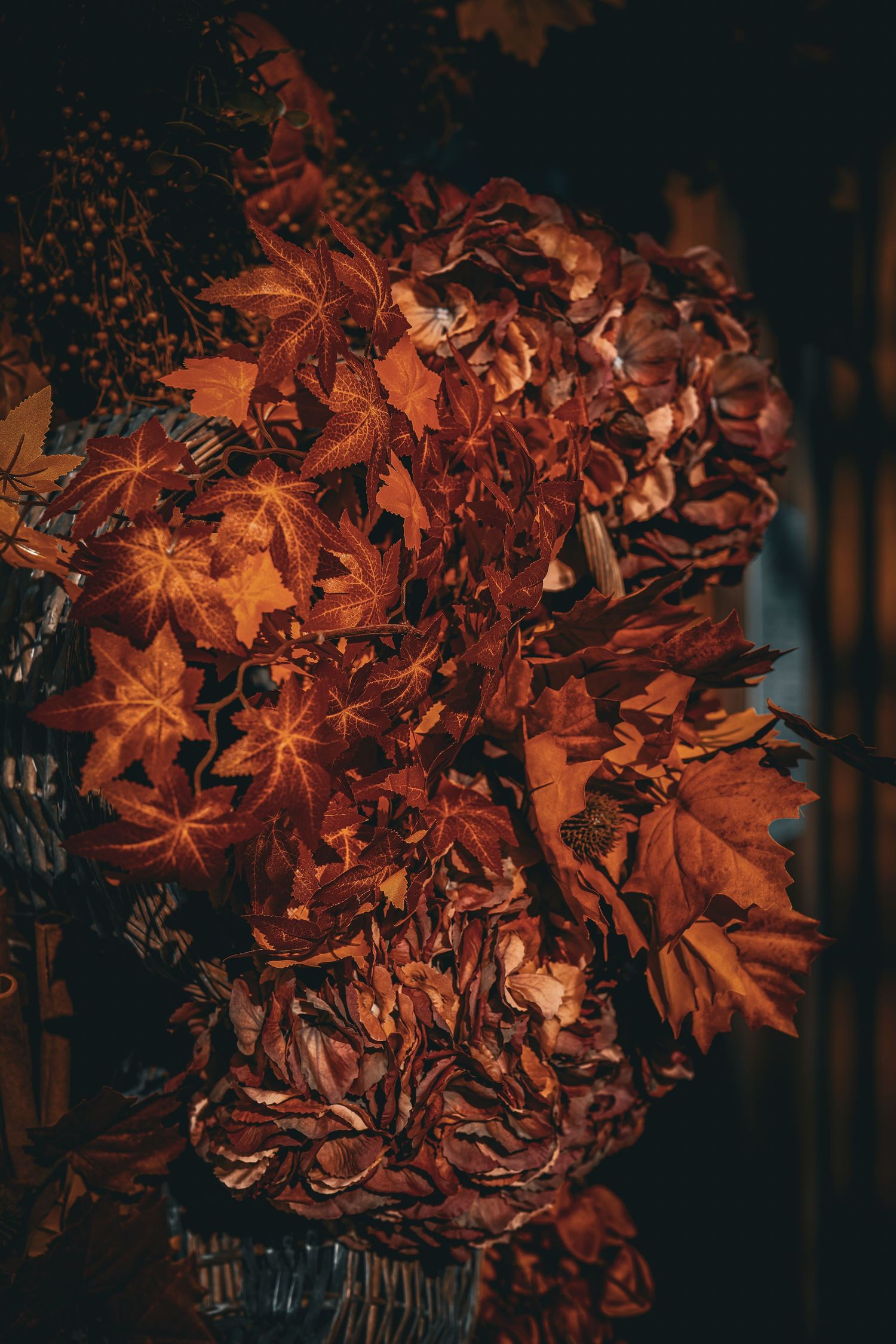 Close-up macro shots of vibrant orange autumn maple leaves against a dark moody background in varying compositions.