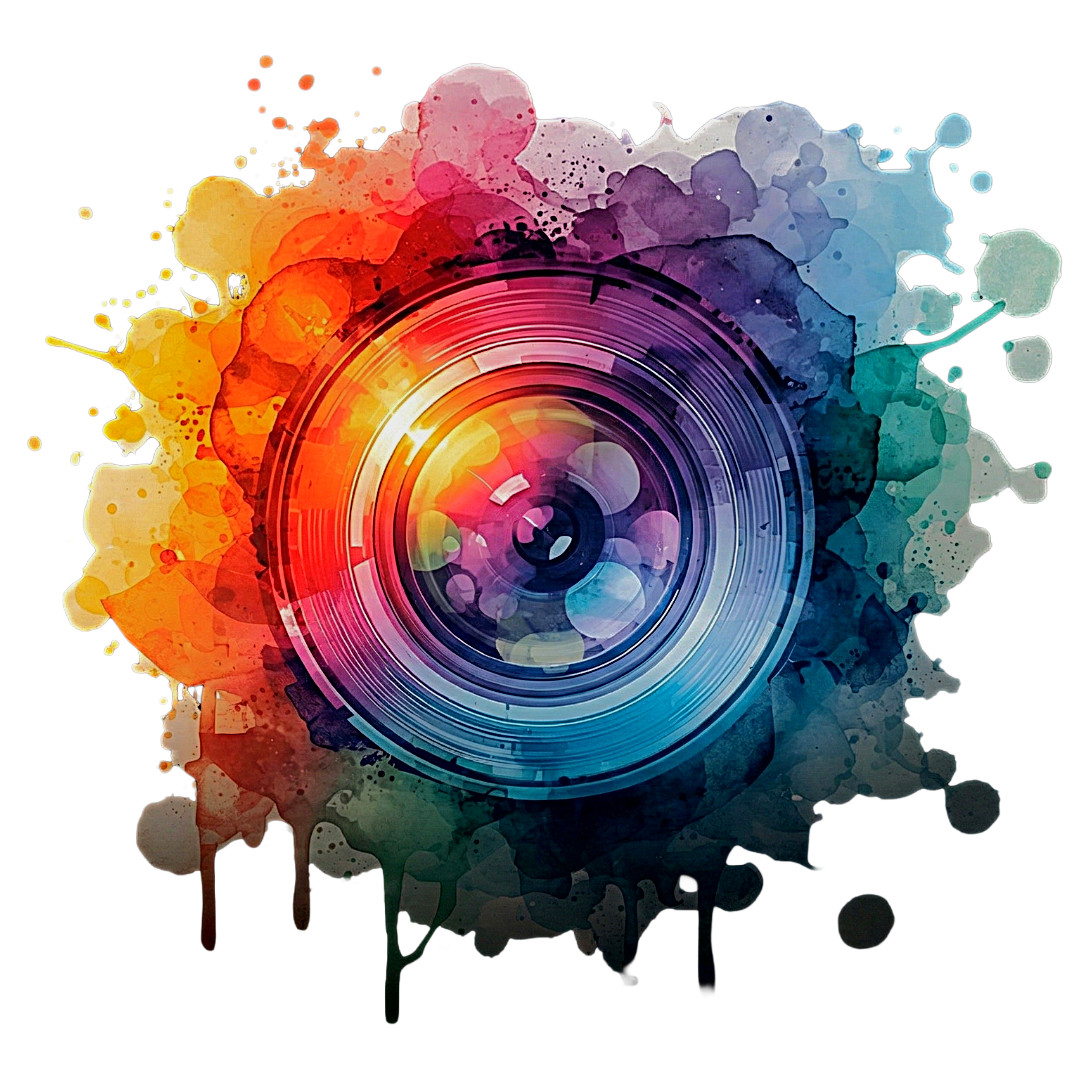 Camera lens surrounded by vibrant watercolor splashes in rainbow colors with dripping effect.