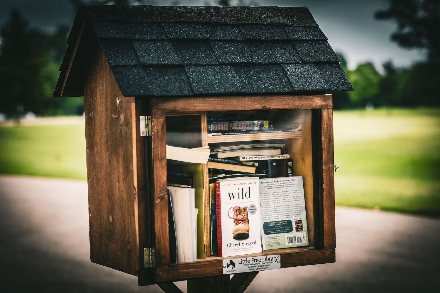 Wooden Little Free Library box filled with books including Wild on a park path.