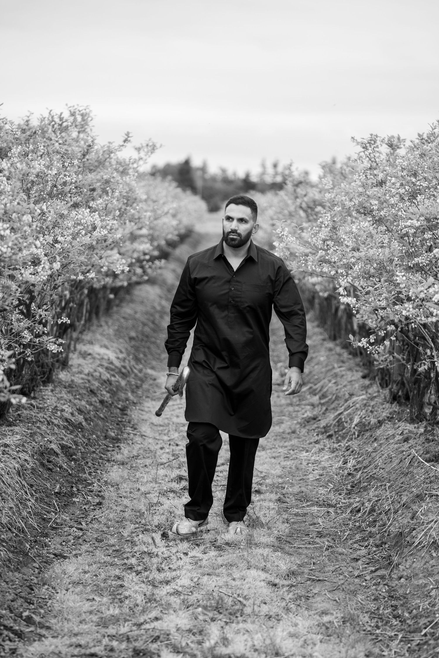 Black and white photo of bearded man in dark kurta walking through orchard rows carrying a stick.