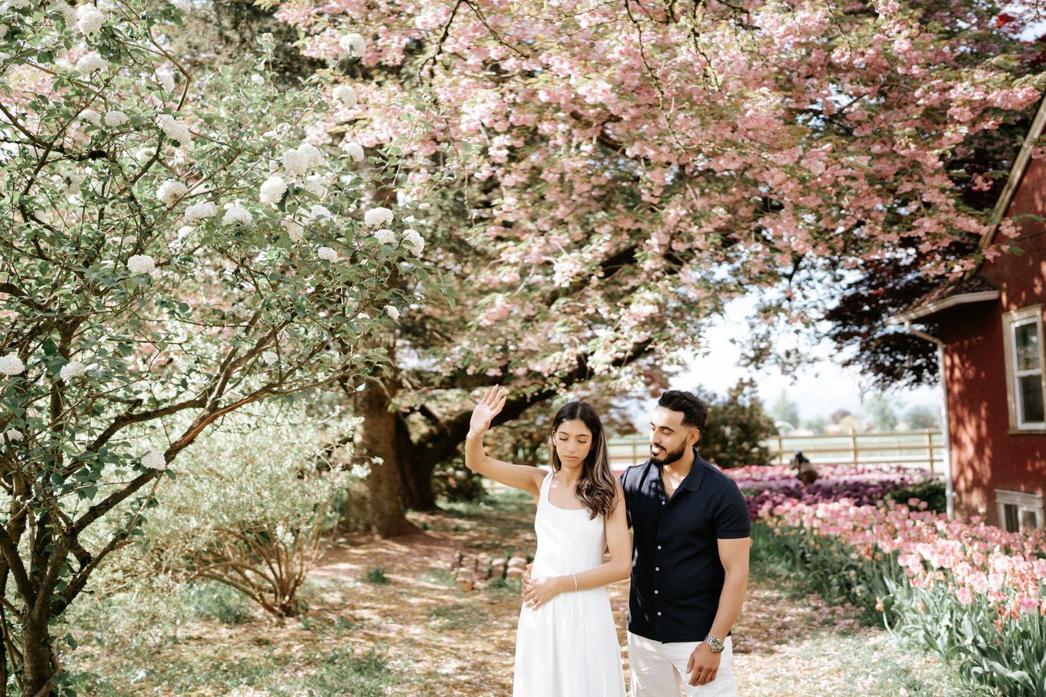 A couple walks beneath blooming cherry blossom trees in a romantic spring garden setting.