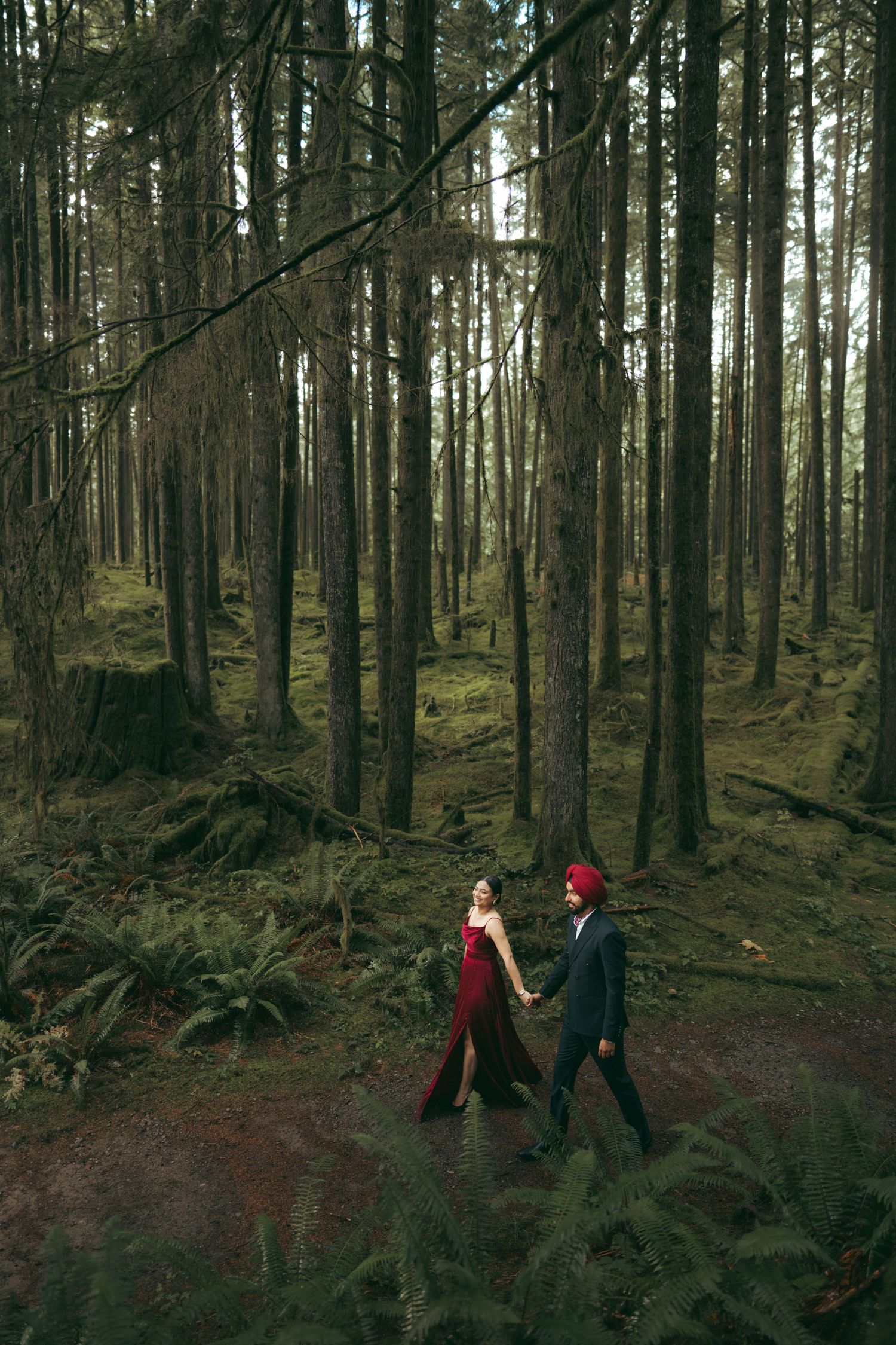Figures traverse a misty forest path surrounded by dense evergreen trees and ferns.