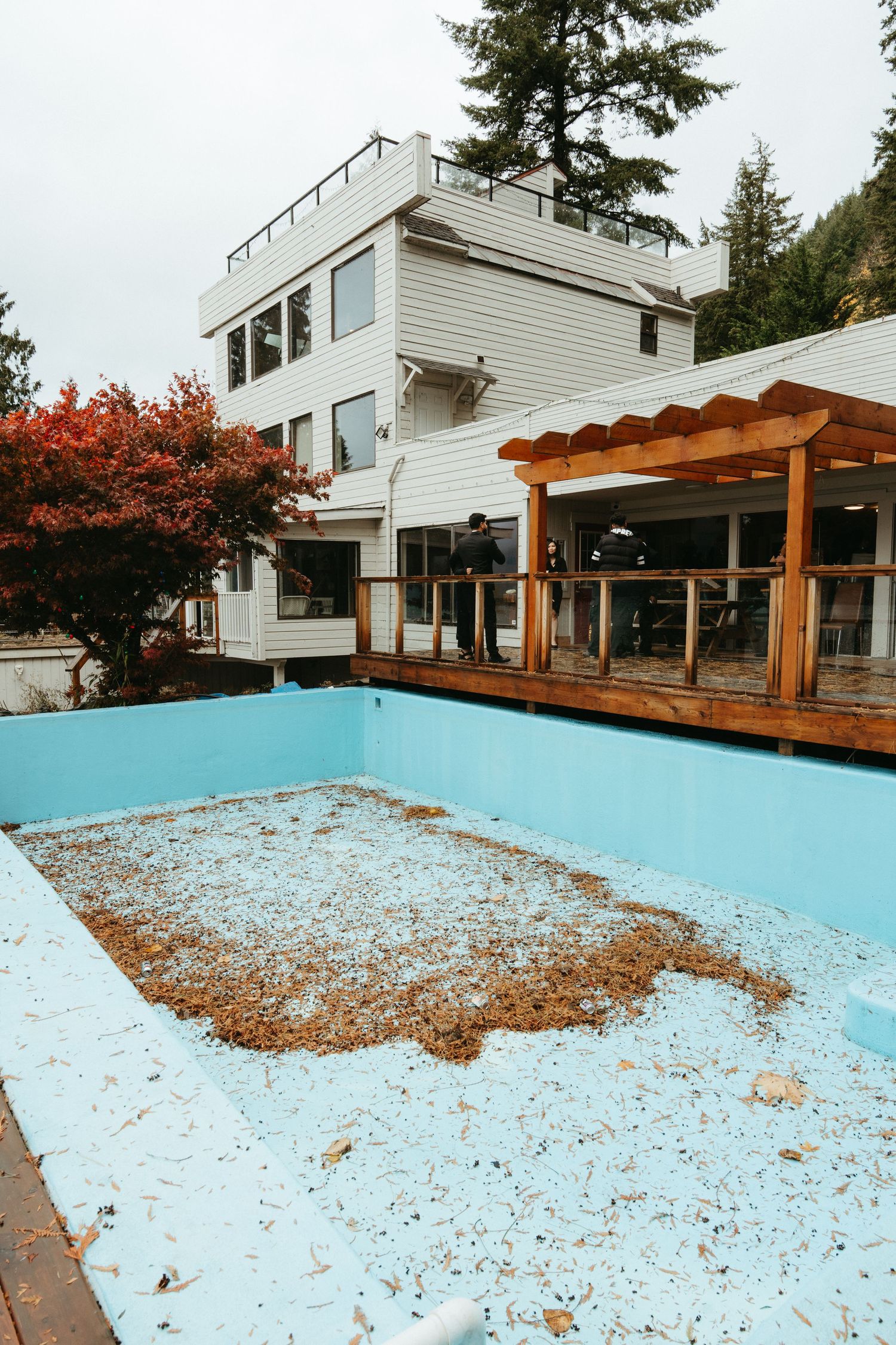 Empty swimming pool covered in autumn leaves with wooden pergola and white house visible in background.