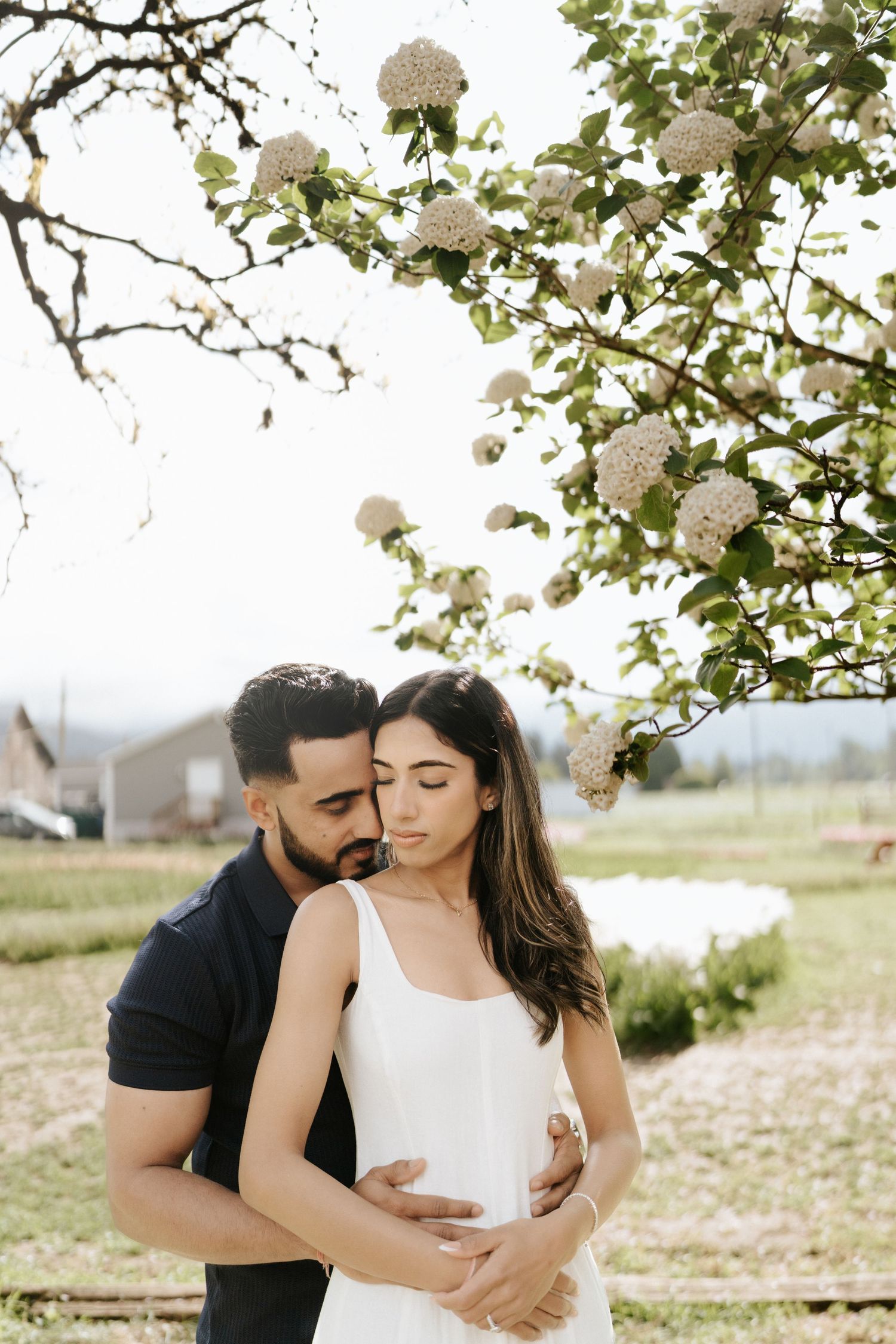 Romantic couple embraces under blooming white spring blossoms in a dreamy outdoor setting.