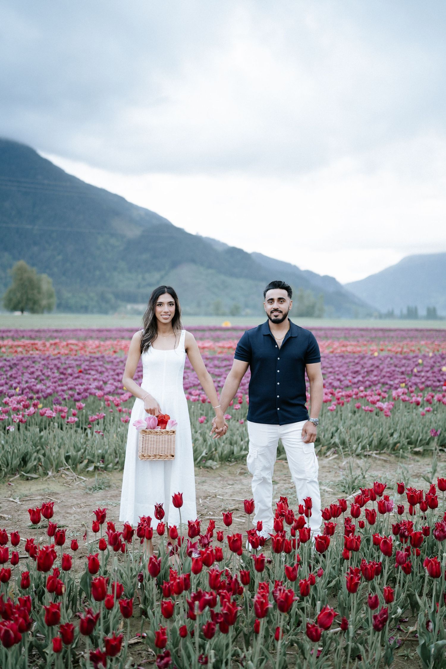 Couple poses in vibrant red tulip field with mountain backdrop during sunset engagement photo session.