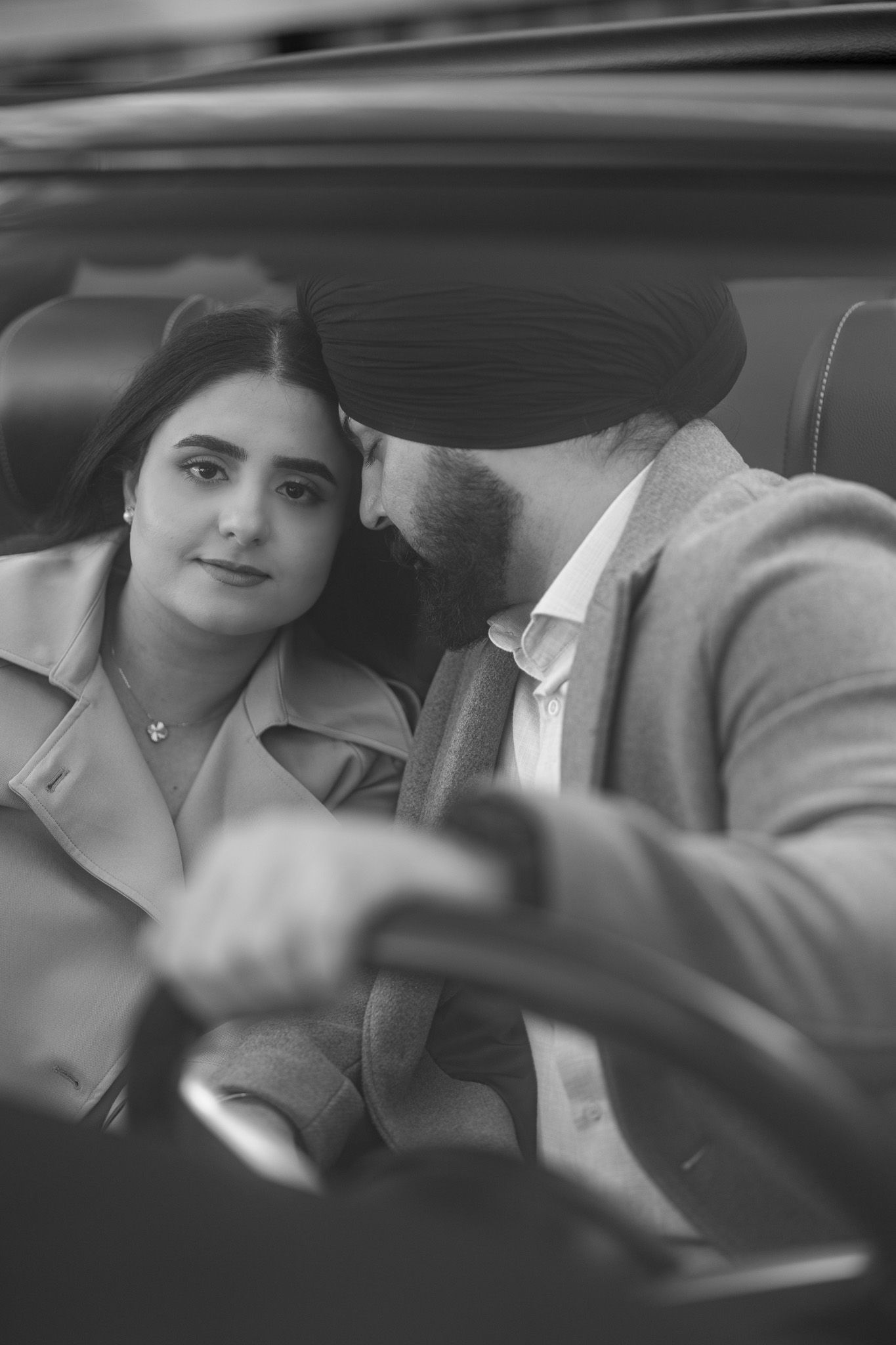 Black and white photo sequence showing close-up views of passengers in a car interior.