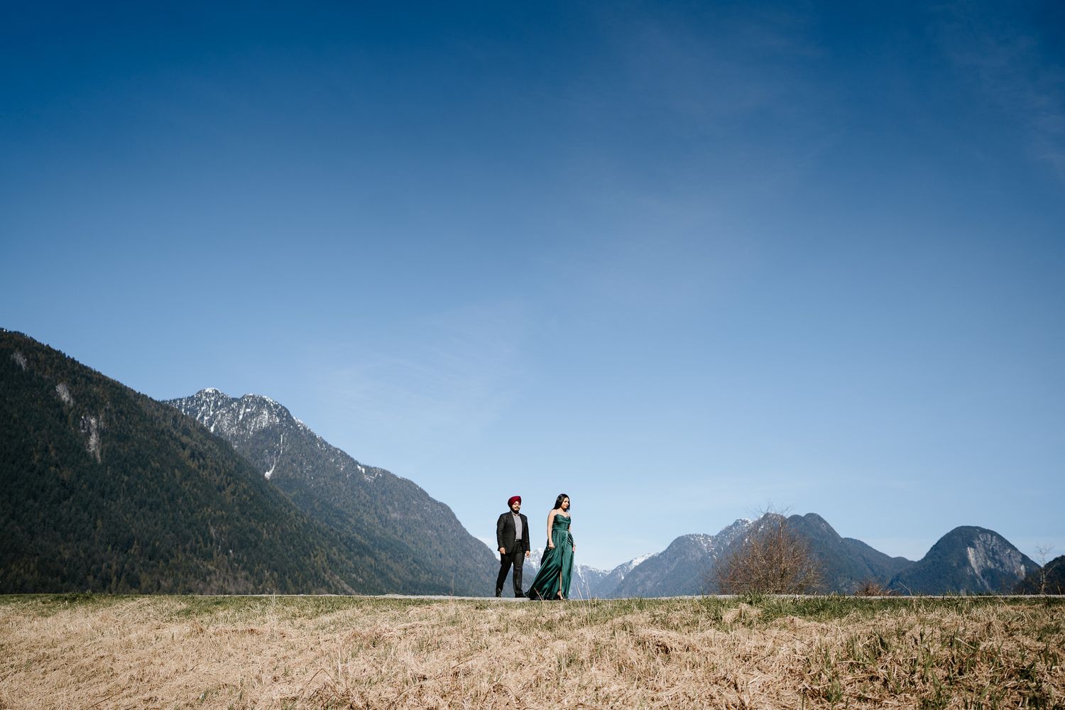 A scenic mountain landscape with snow-capped peaks and evergreen forests stretching into the distance under blue skies.