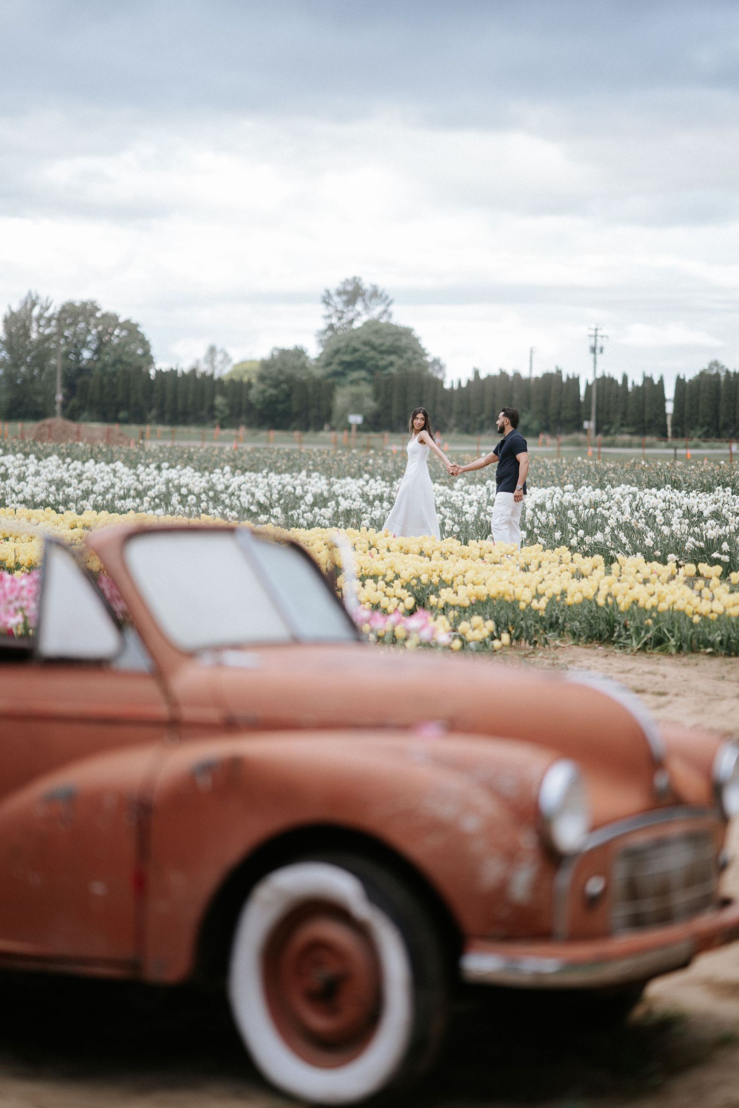A vintage rusty orange car sits in a field of blooming white and yellow flowers on an overcast day.