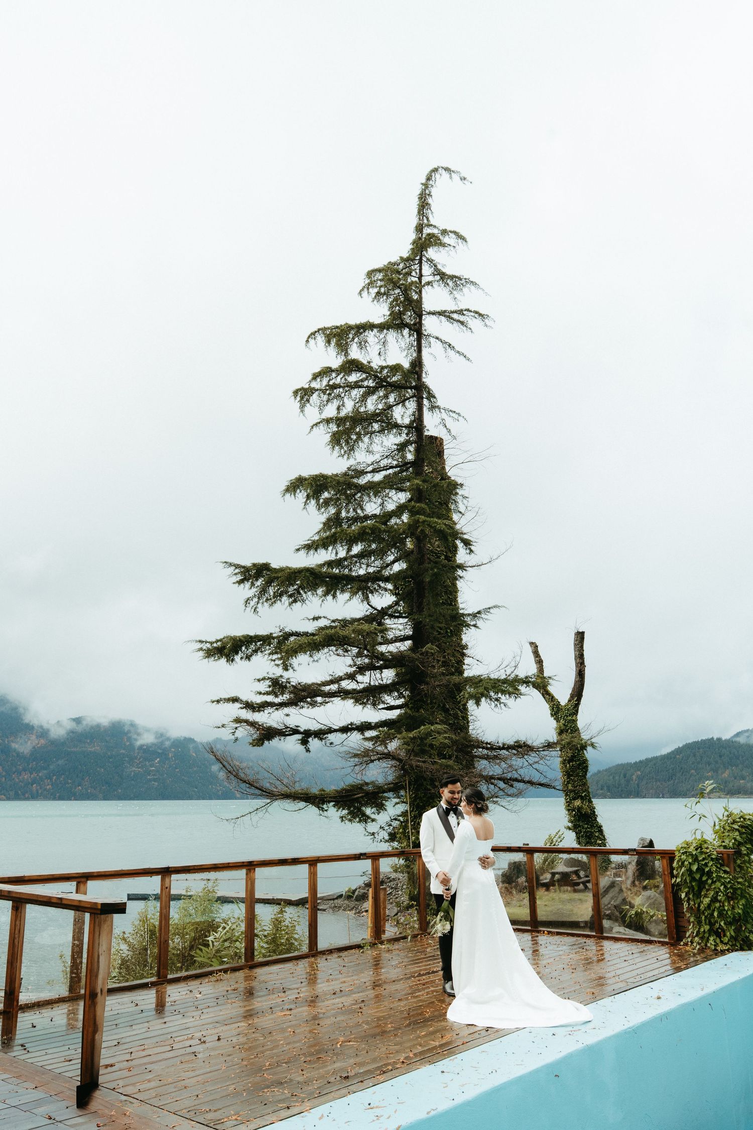 A couple embraces on a wooden deck overlooking a misty lake with a tall evergreen tree in the foreground.