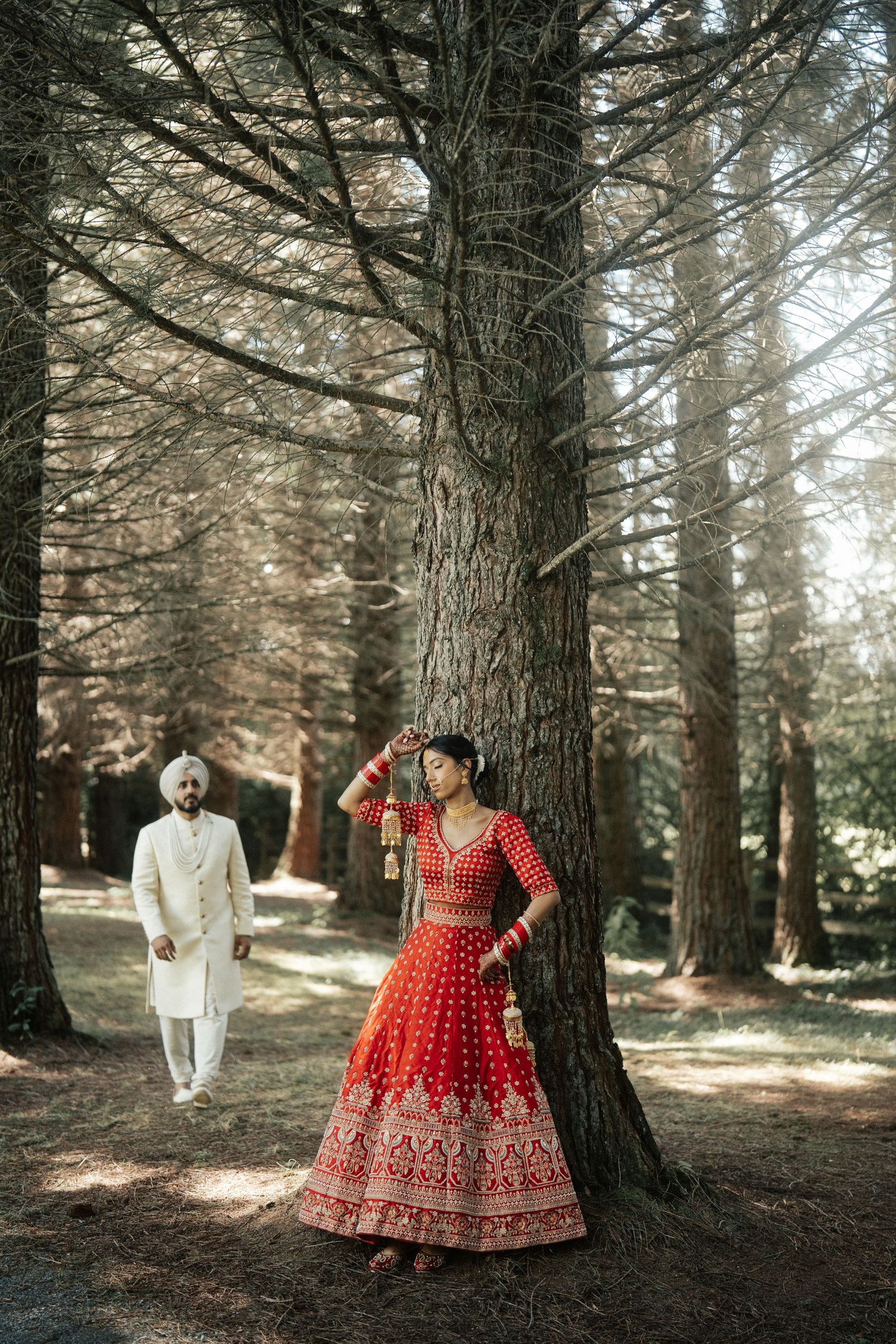 A couple in traditional Indian wedding attire shares playful moments among tall pine trees.