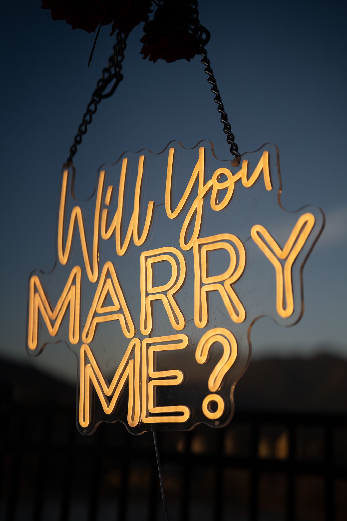 Illuminated yellow neon sign spelling out 'MARRY ME' hanging against a dark evening sky.