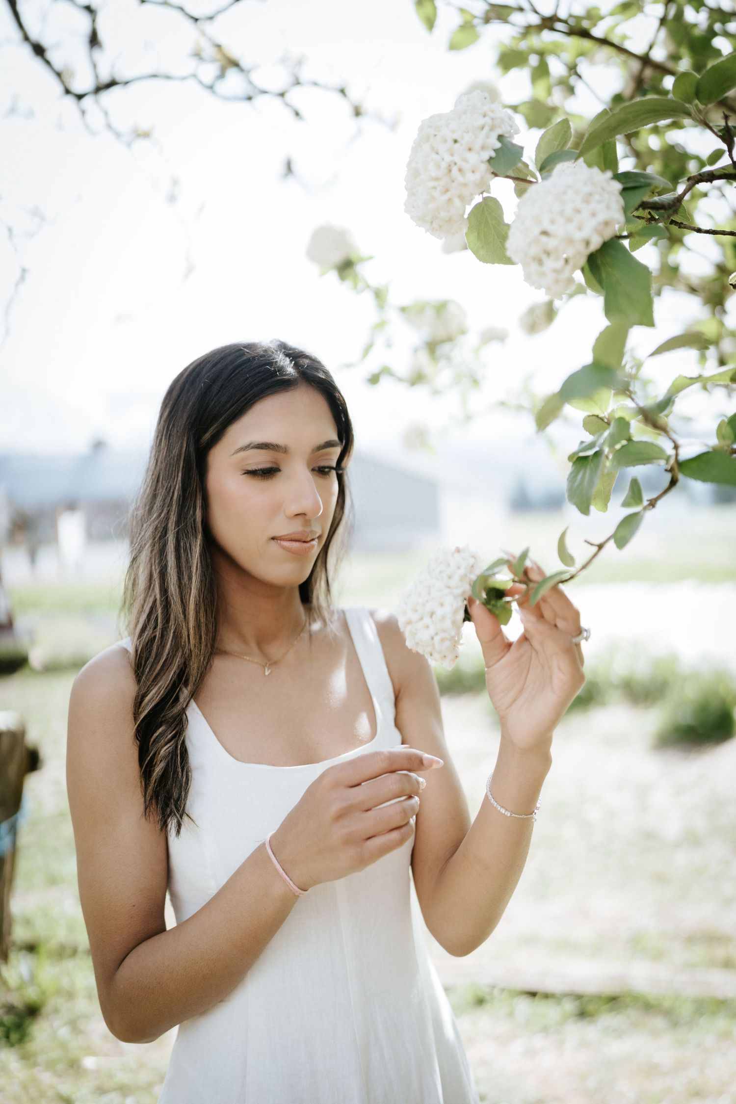 A person in a white dress enjoys the outdoors on a sunny day among flowering tree branches.