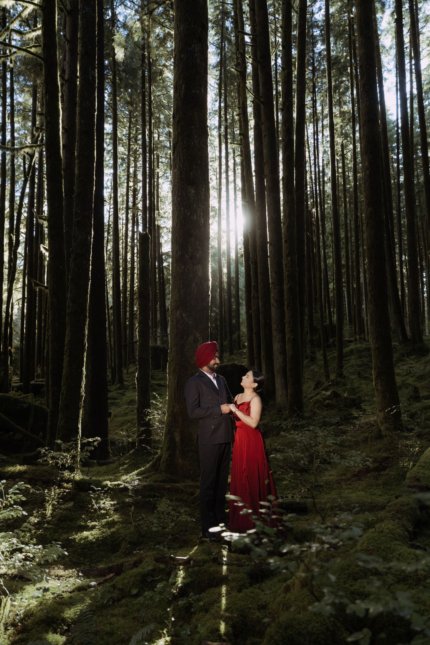 Forest photoshoot sequence showing a couple among tall trees with dappled sunlight.
