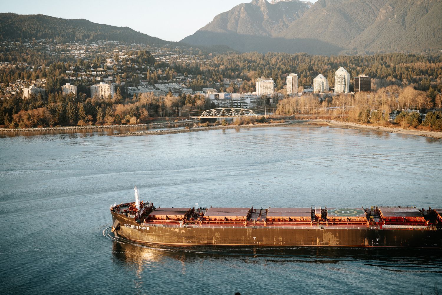 Large cargo ship anchored in Vancouver harbor with mountains and city buildings visible along the shoreline.