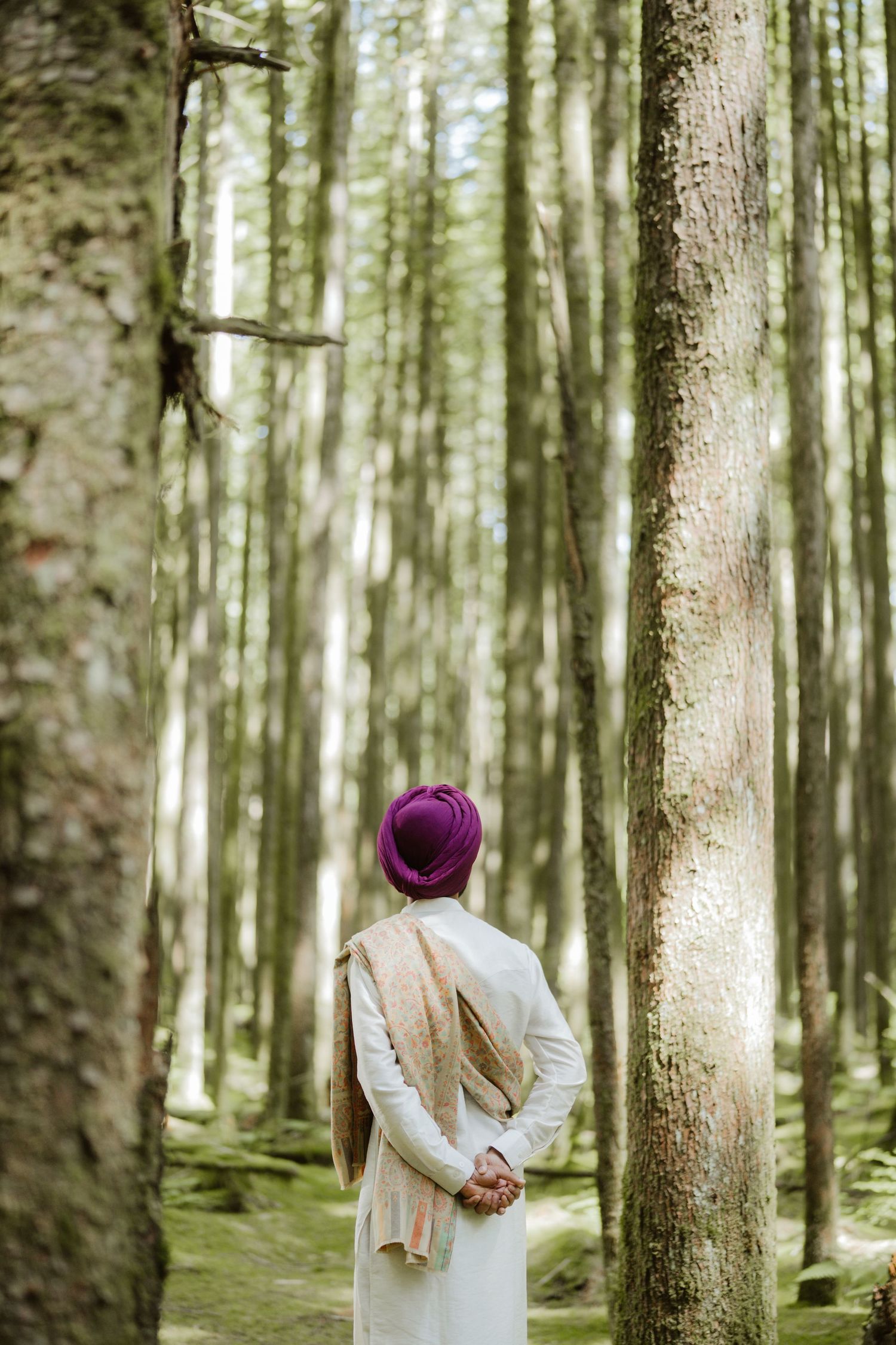 Man in white kurta and purple turban standing with hands clasped in a tall pine forest.