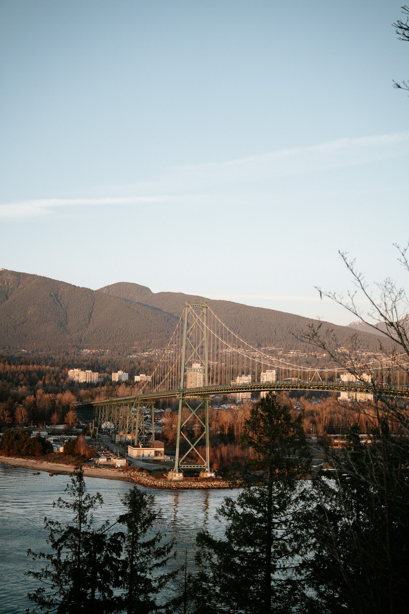 Lions Gate Bridge spans across Vancouver harbor with mountains and evergreen trees framing the scenic view.