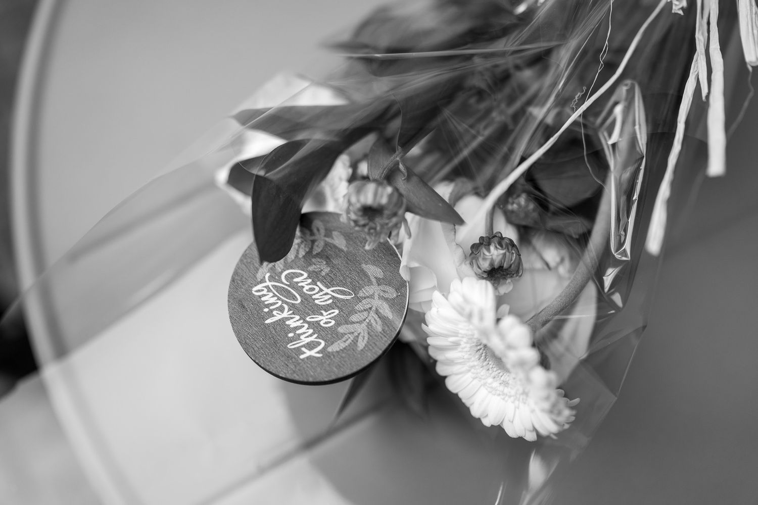Black and white close-up of a birthday balloon and decorative ribbons with soft focus effect.